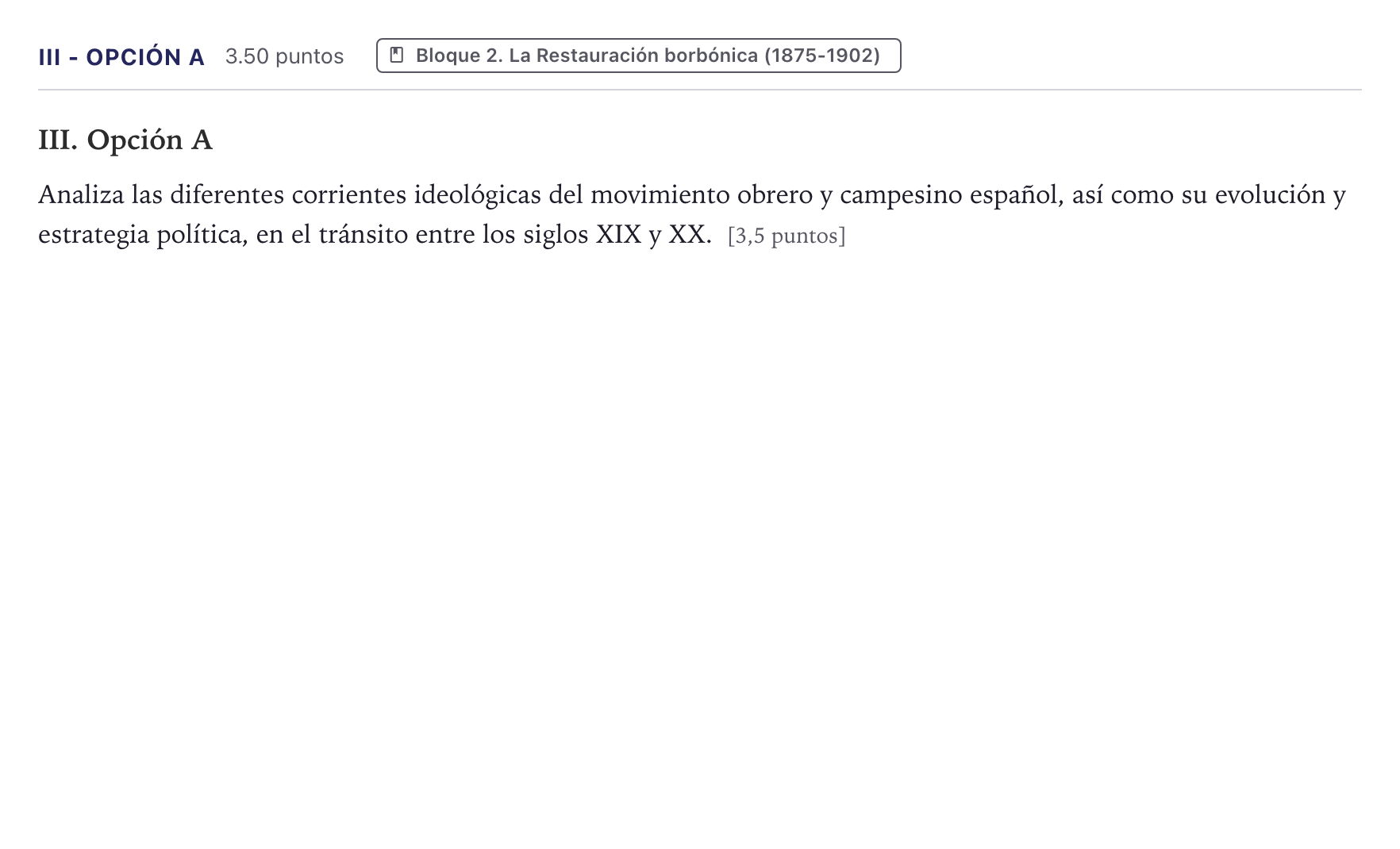 Enunciado: Ejercicio III - Opción A · Historia de España PAU Canarias Julio (Reserva) 2025