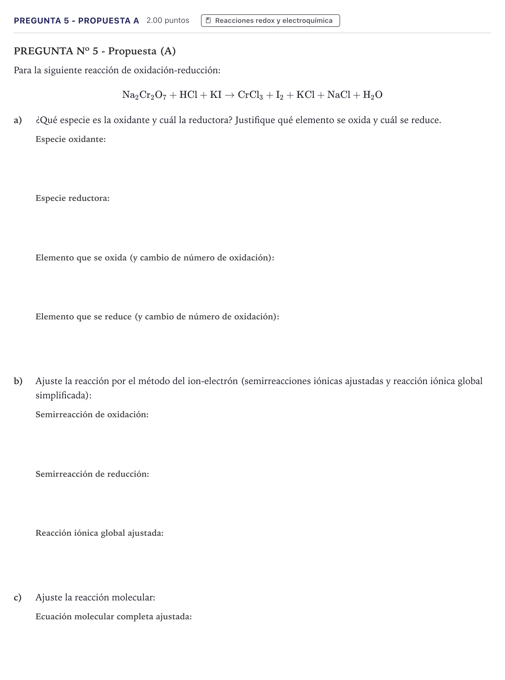 Enunciado: Pregunta 5 - Propuesta A · Química PAU Canarias Julio 2025
