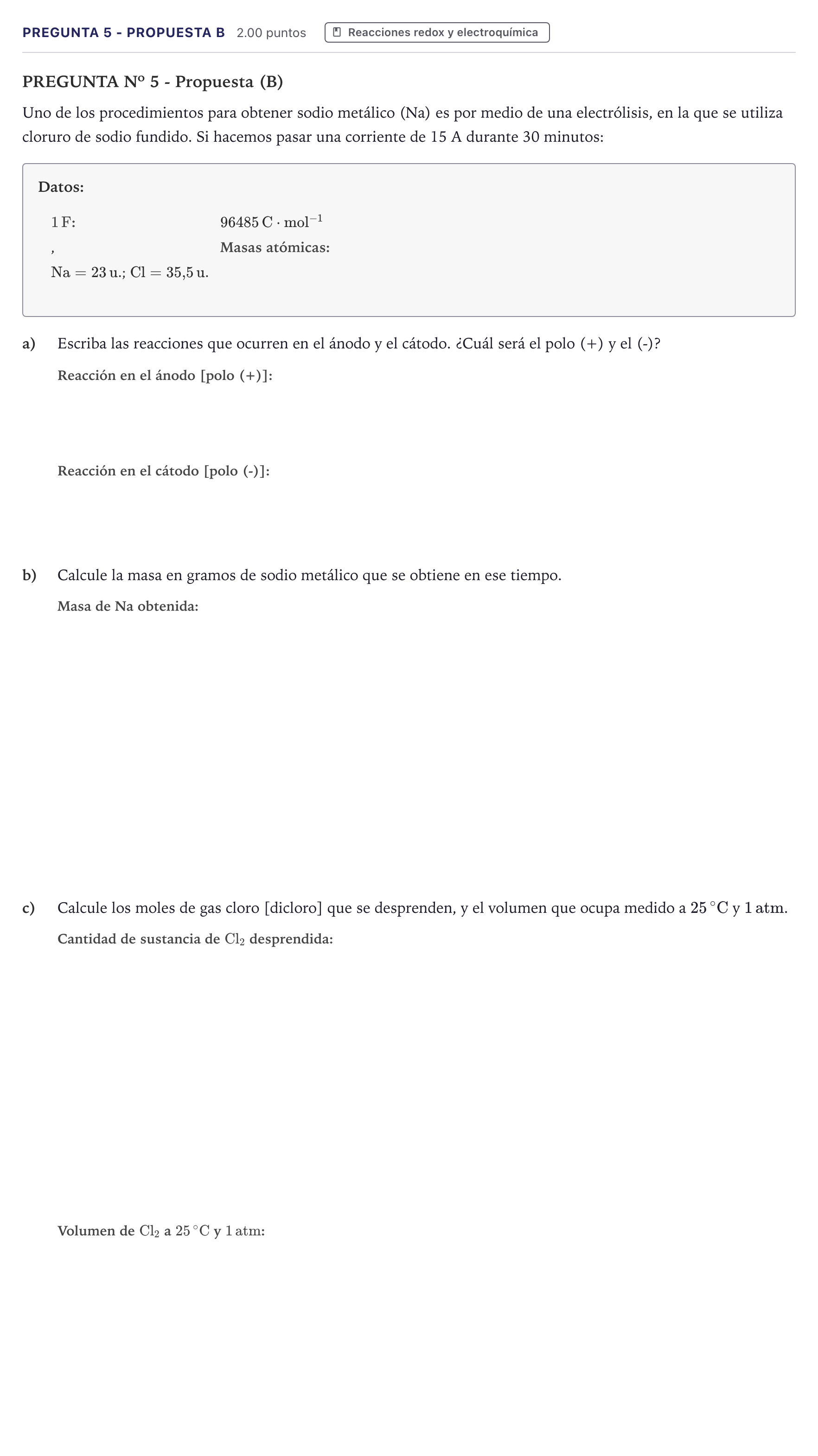 Enunciado: Pregunta 5 - Propuesta B · Química PAU Canarias Julio 2025