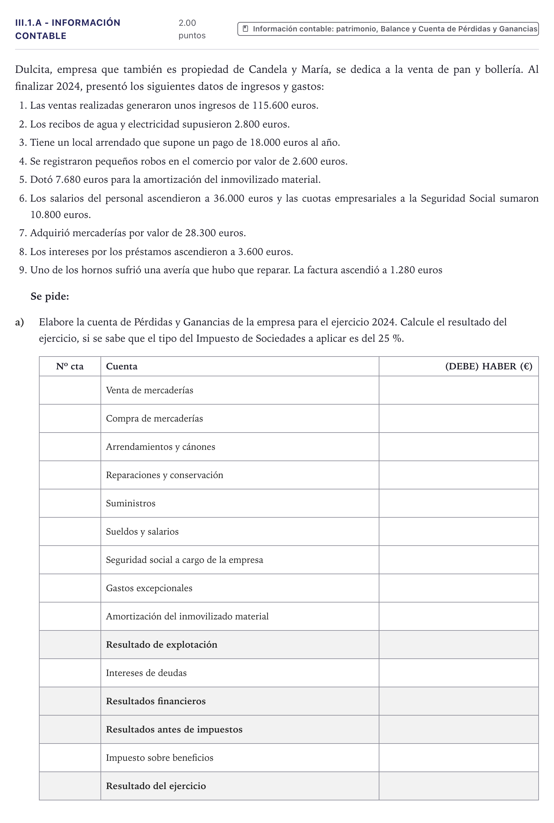 Enunciado: Ejercicio III.1.a - Información contable · Economía de la Empresa PAU Canarias Julio 2025