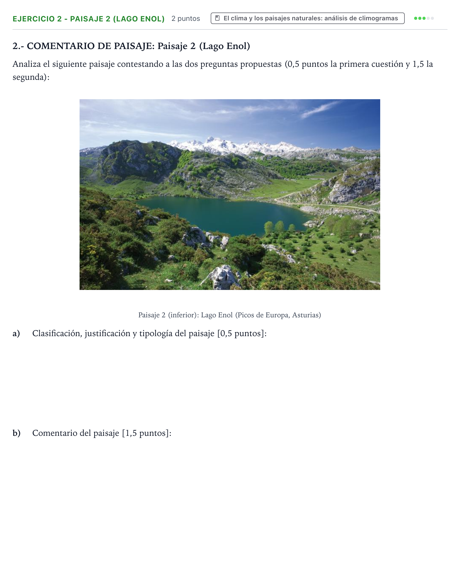 Enunciado: Ejercicio 2 - Paisaje 2 (Lago Enol) · Geografía PAU Canarias Julio 2025