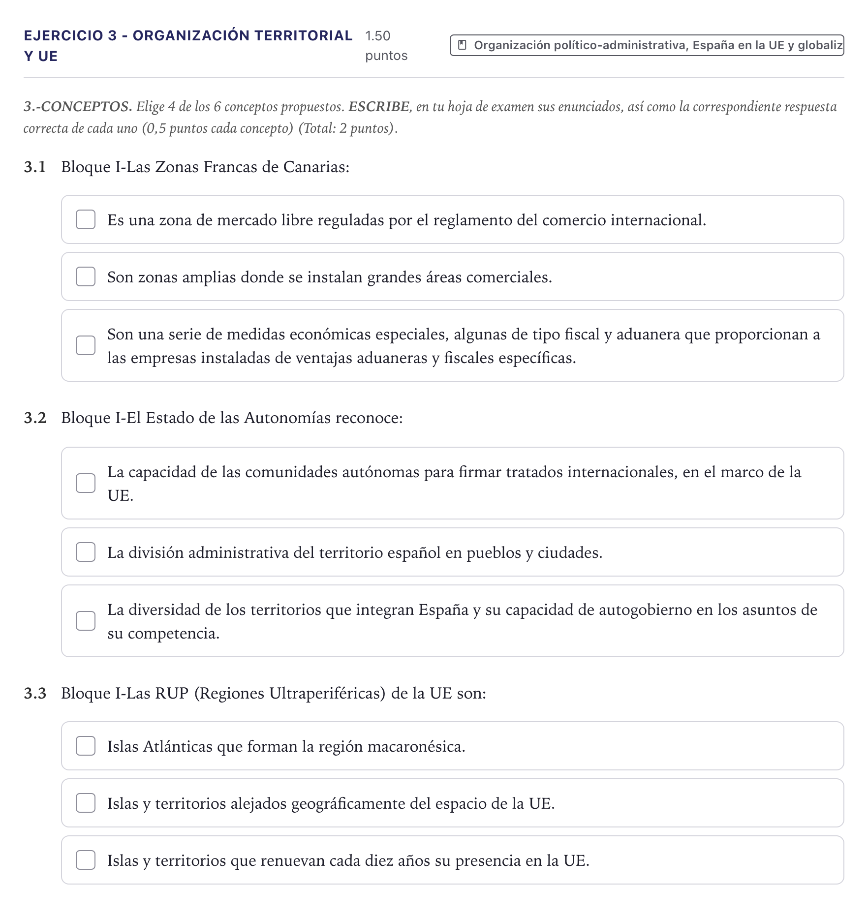 Enunciado: Ejercicio 3 - Organización territorial y UE · Geografía PAU Canarias Julio 2025
