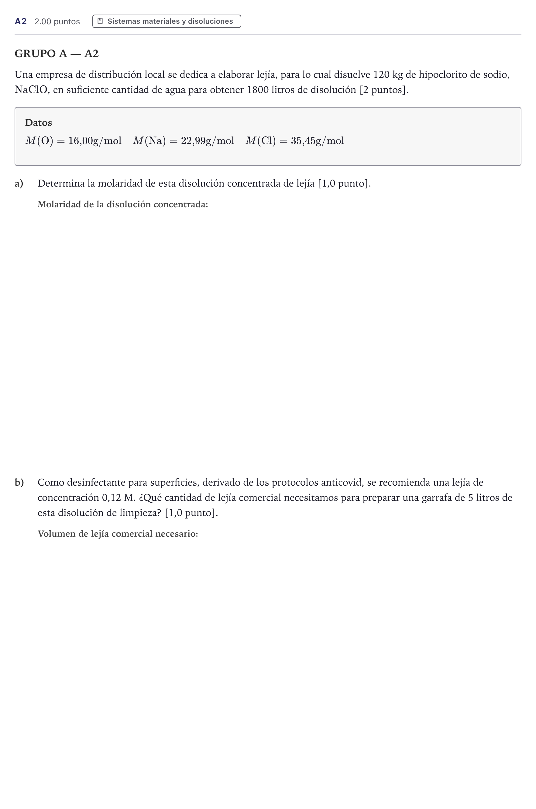 Enunciado: Ejercicio A2 · Ciencias Generales PAU Canarias Julio (Ciencias) 2025