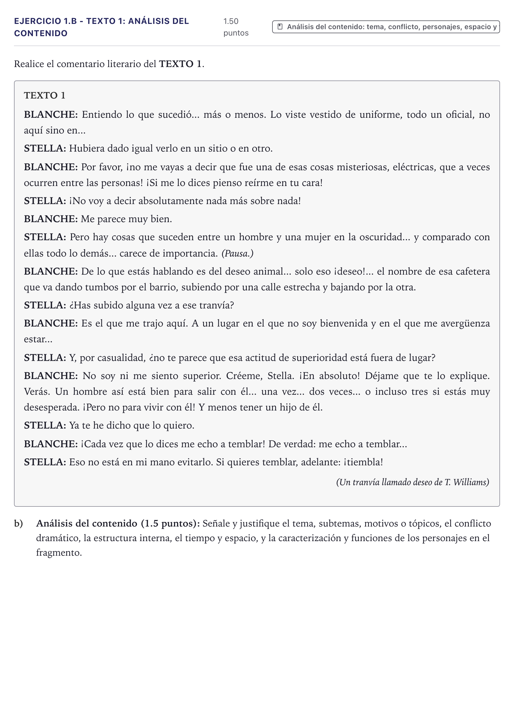 Enunciado: Ejercicio 1.b - Texto 1: Análisis del contenido · Literatura Dramática PAU Canarias Julio 2025