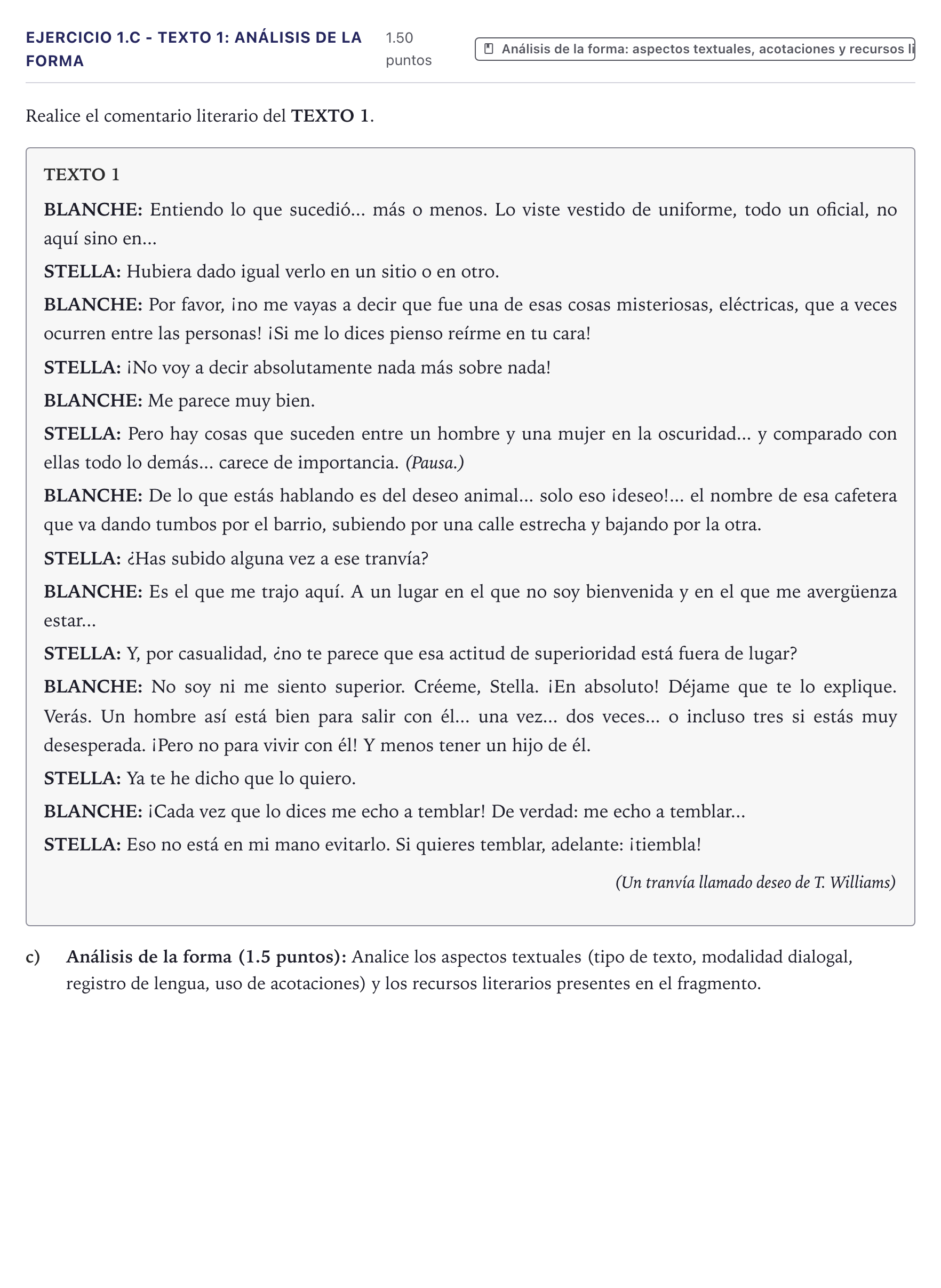 Enunciado: Ejercicio 1.c - Texto 1: Análisis de la forma · Literatura Dramática PAU Canarias Julio 2025