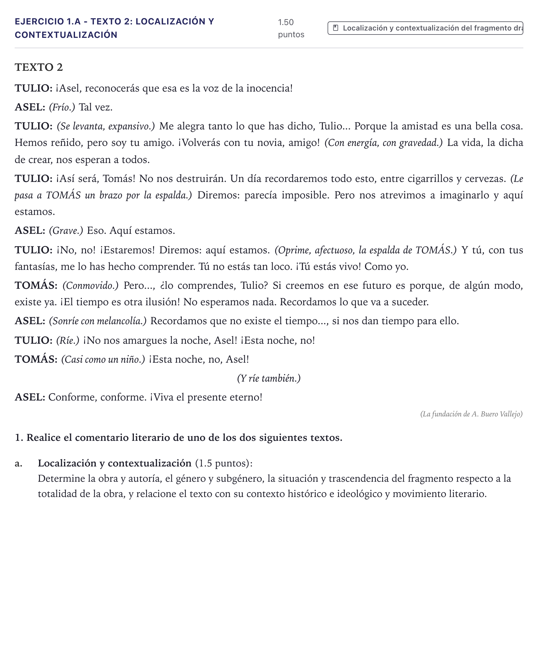 Enunciado: Ejercicio 1.a - Texto 2: Localización y contextualización · Literatura Dramática PAU Canarias Julio 2025