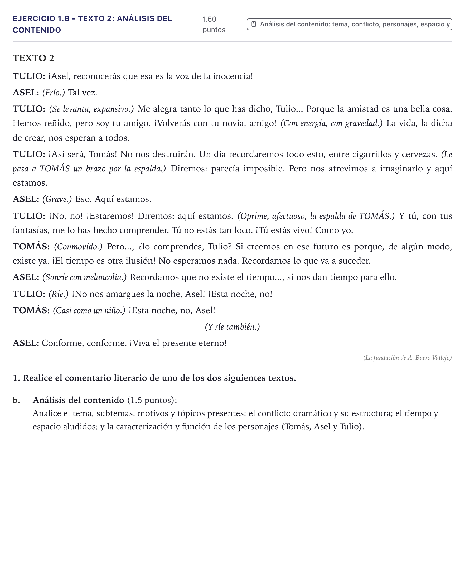 Enunciado: Ejercicio 1.b - Texto 2: Análisis del contenido · Literatura Dramática PAU Canarias Julio 2025