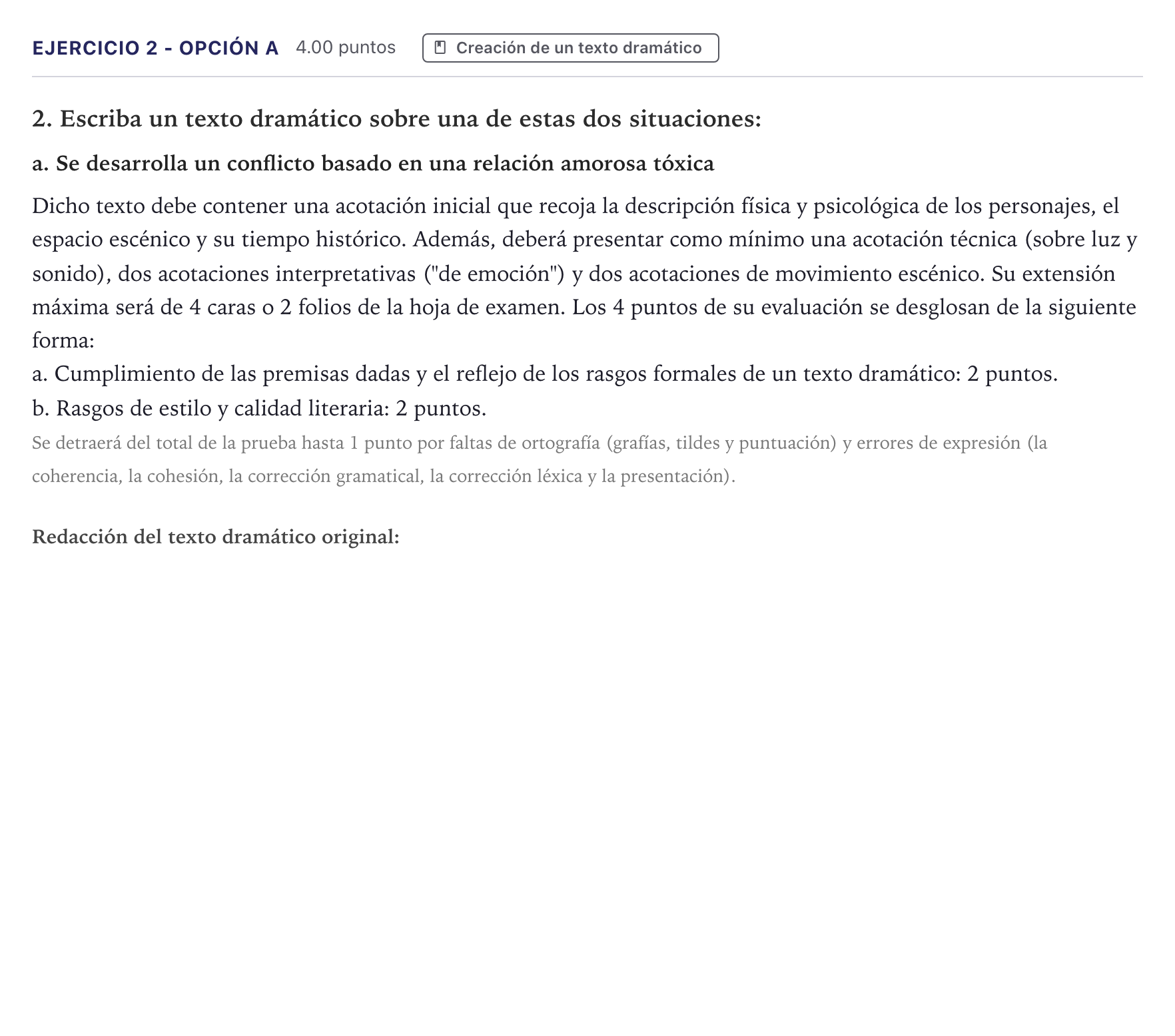 Enunciado: Ejercicio 2 - Opción a · Literatura Dramática PAU Canarias Julio 2025