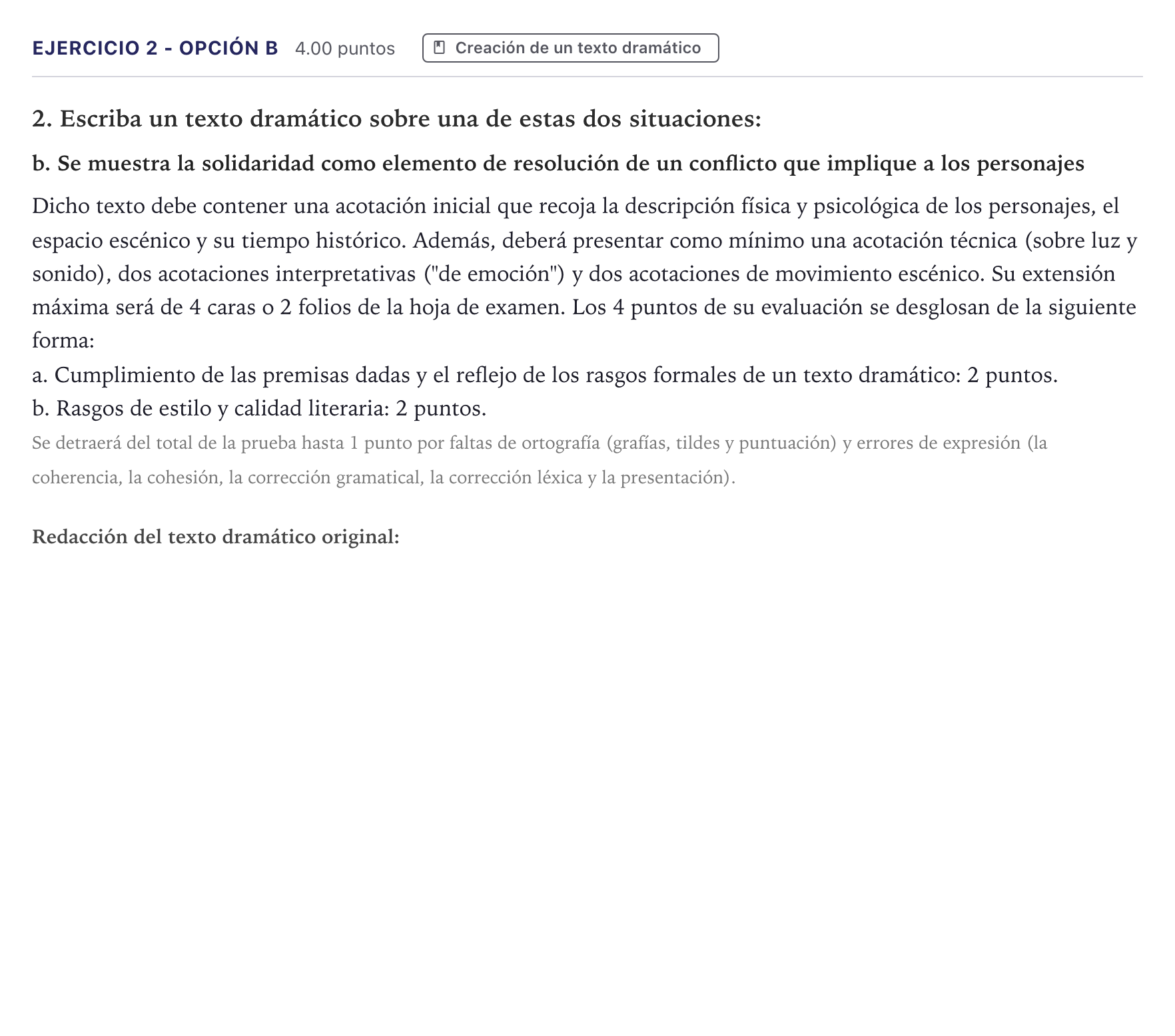 Enunciado: Ejercicio 2 - Opción b · Literatura Dramática PAU Canarias Julio 2025