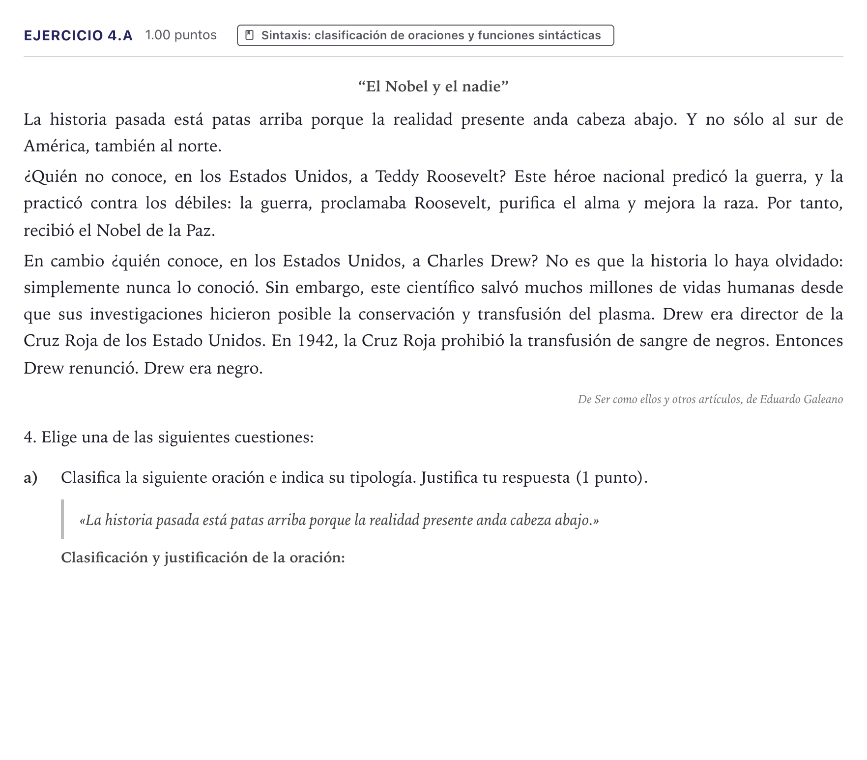 Enunciado: Ejercicio 4.a · Lengua Castellana y Literatura II PAU Canarias Junio (Ciencias) 2026