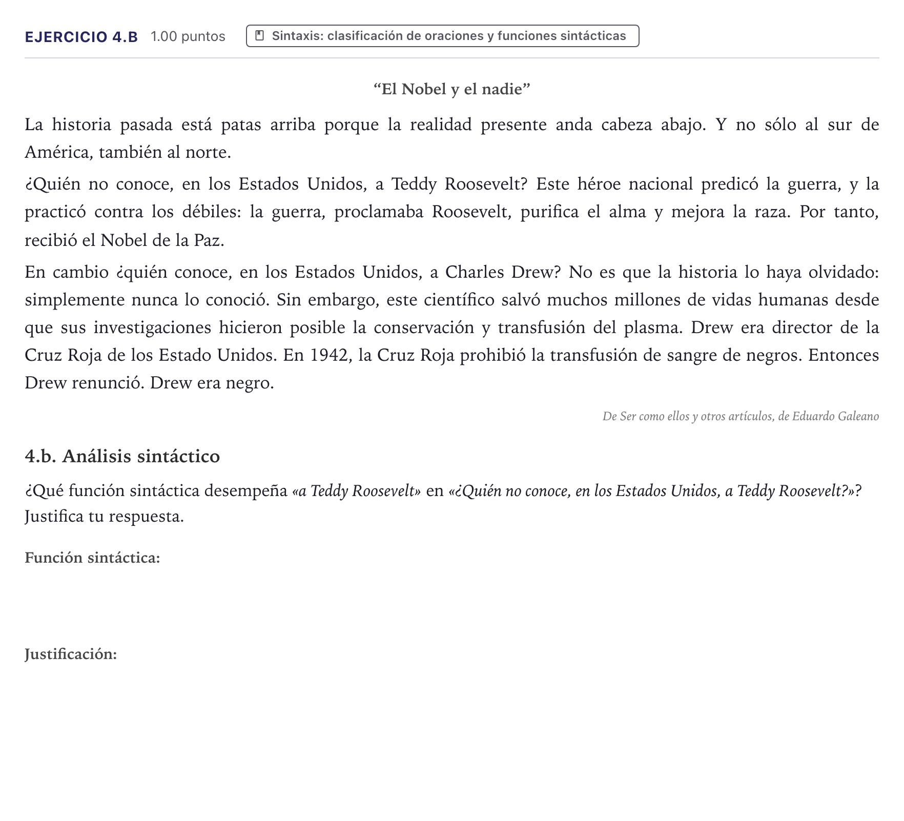 Enunciado: Ejercicio 4.b · Lengua Castellana y Literatura II PAU Canarias Junio (Ciencias) 2026