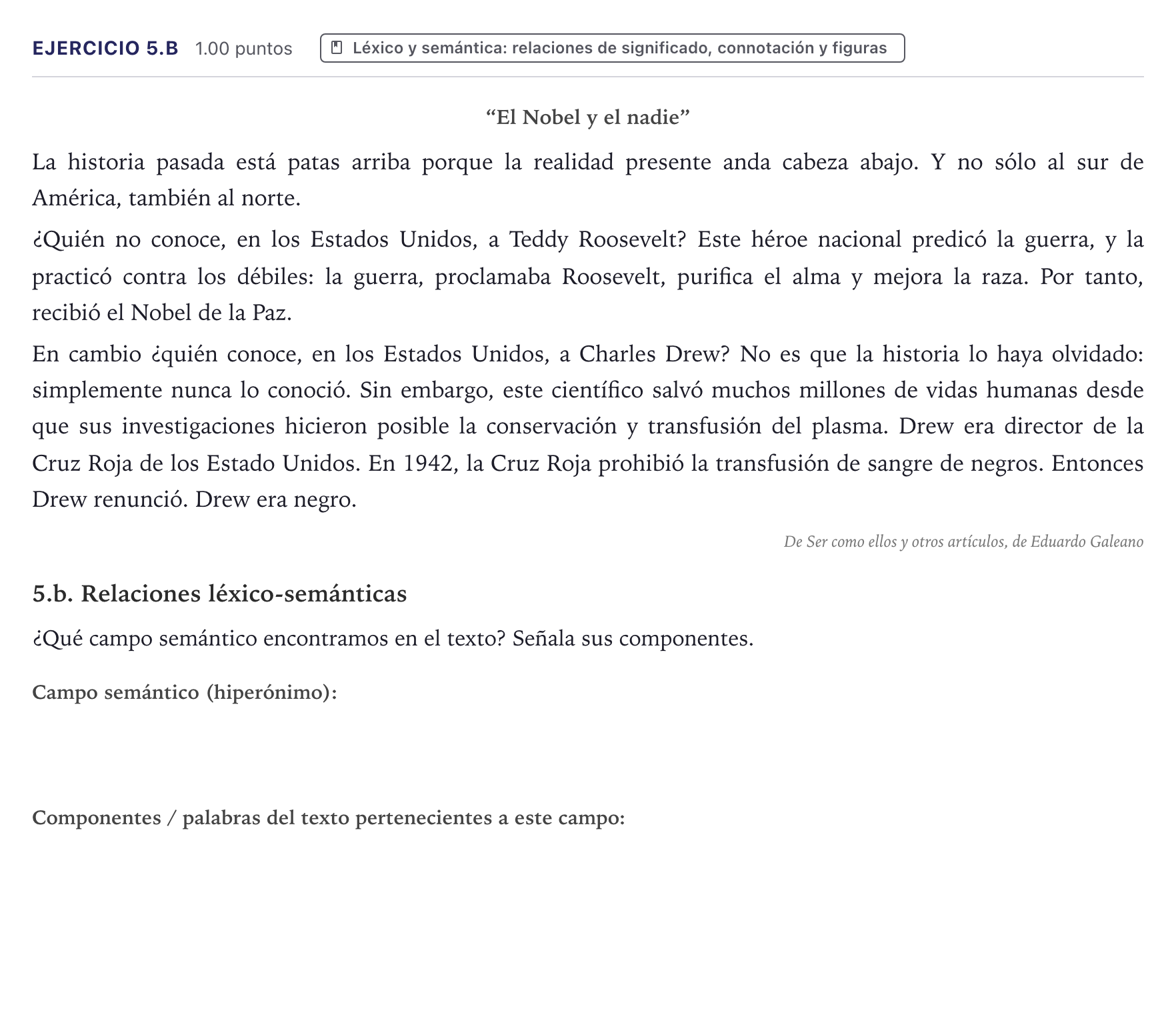 Enunciado: Ejercicio 5.b · Lengua Castellana y Literatura II PAU Canarias Junio (Ciencias) 2026
