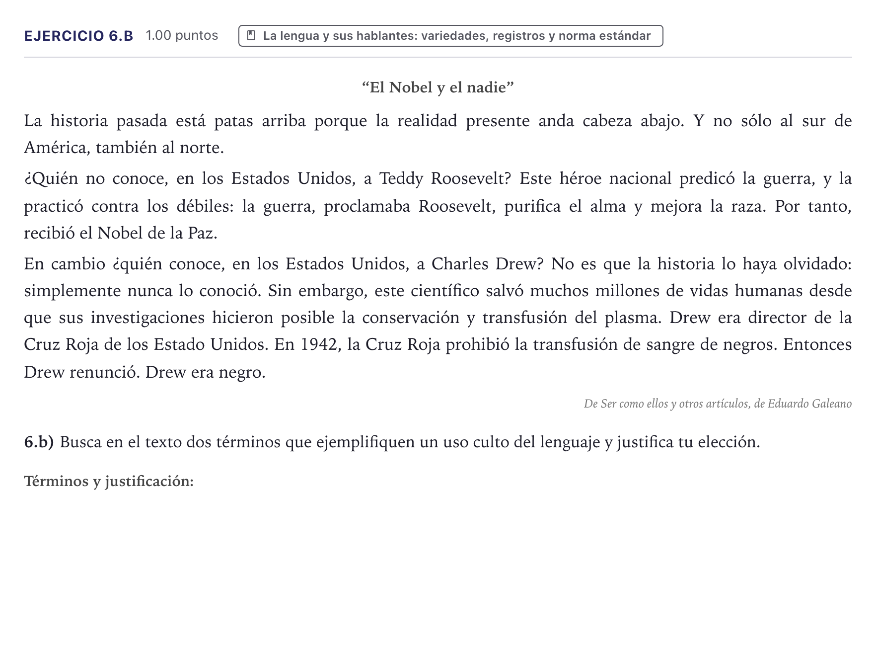 Enunciado: Ejercicio 6.b · Lengua Castellana y Literatura II PAU Canarias Junio (Ciencias) 2026