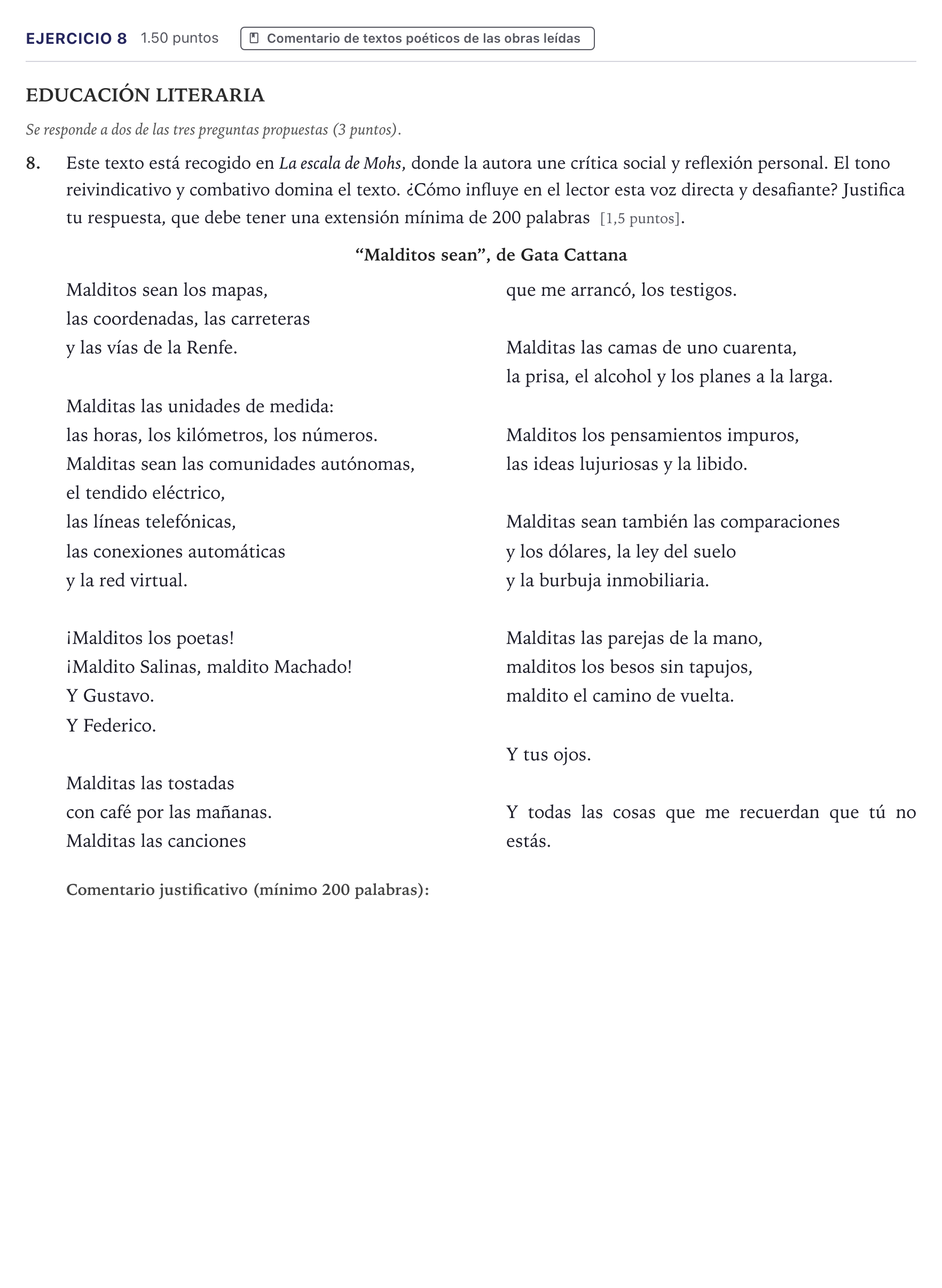 Enunciado: Problema 8 · Lengua Castellana y Literatura II PAU Canarias Junio (Ciencias) 2026