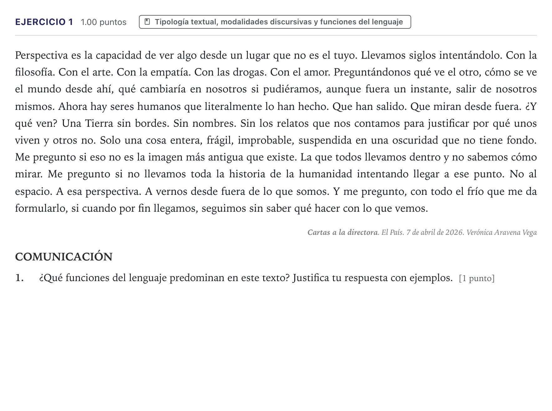 Enunciado: Problema 1 · Lengua Castellana y Literatura II PAU Canarias Junio (Humanidades) 2026