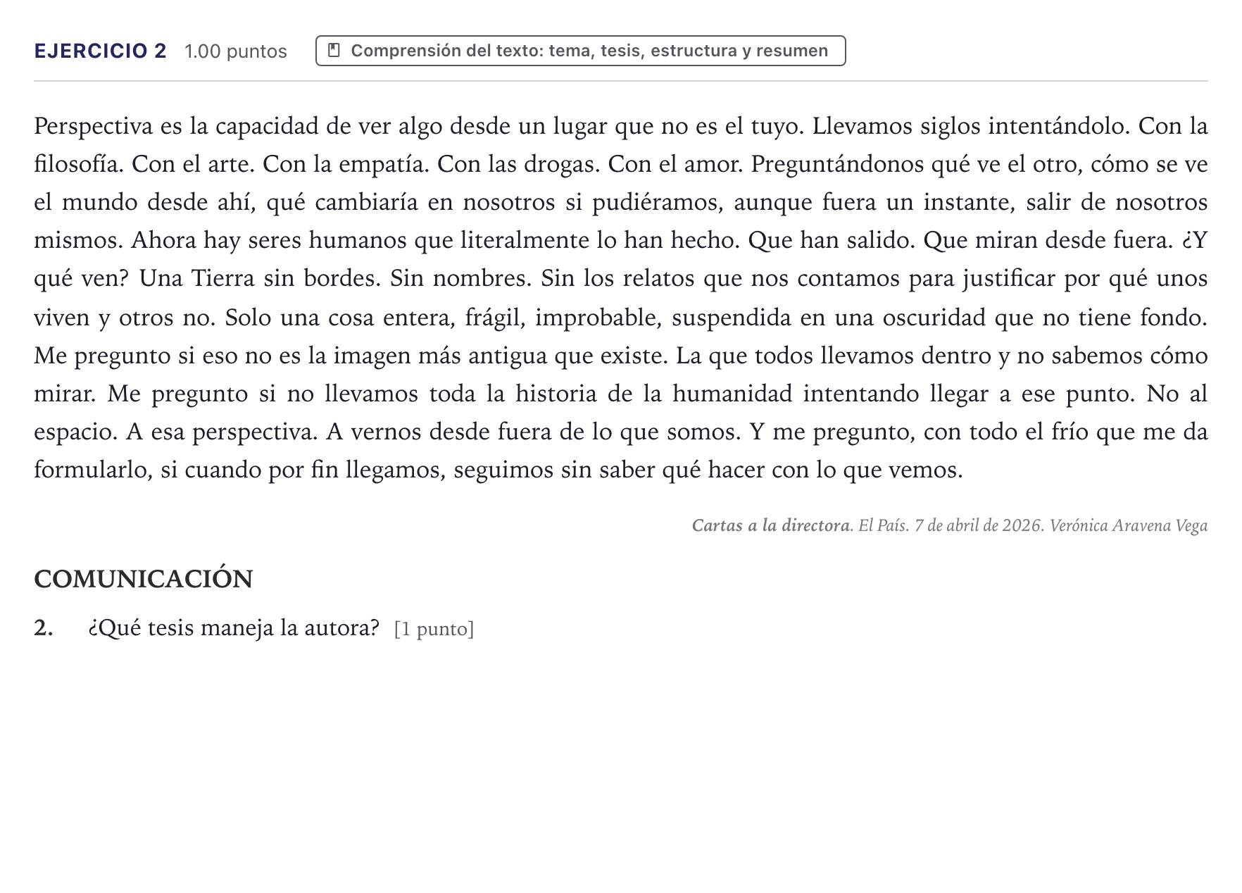 Enunciado: Problema 2 · Lengua Castellana y Literatura II PAU Canarias Junio (Humanidades) 2026