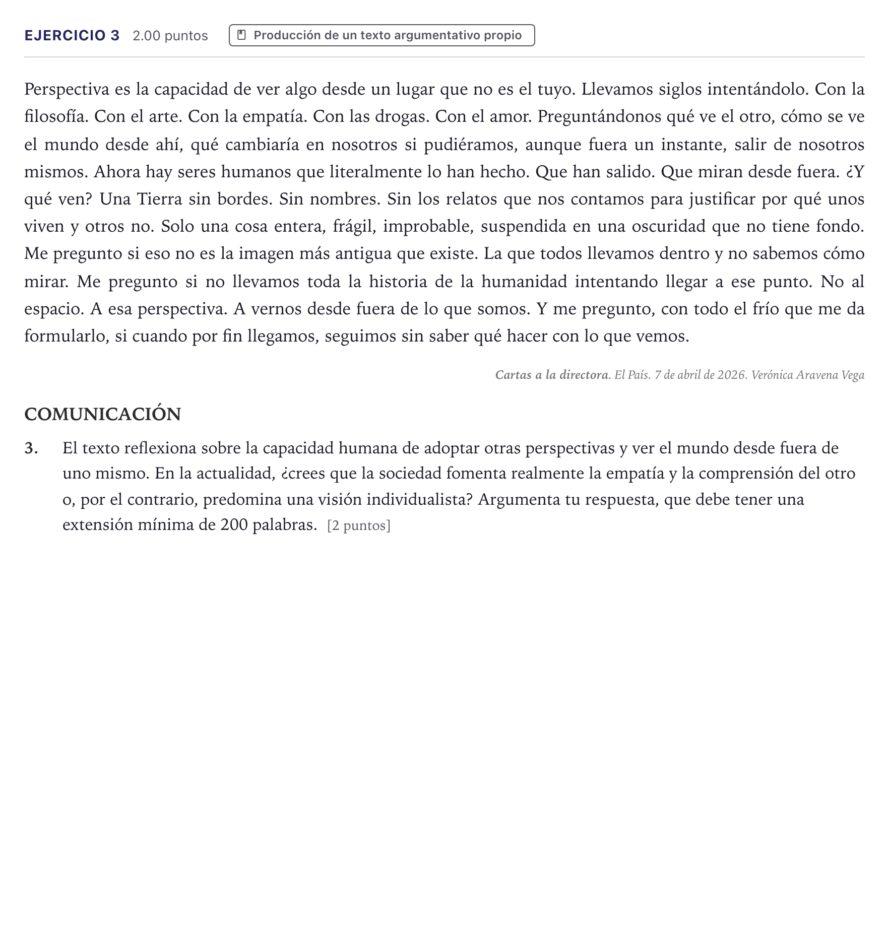 Enunciado: Problema 3 · Lengua Castellana y Literatura II PAU Canarias Junio (Humanidades) 2026