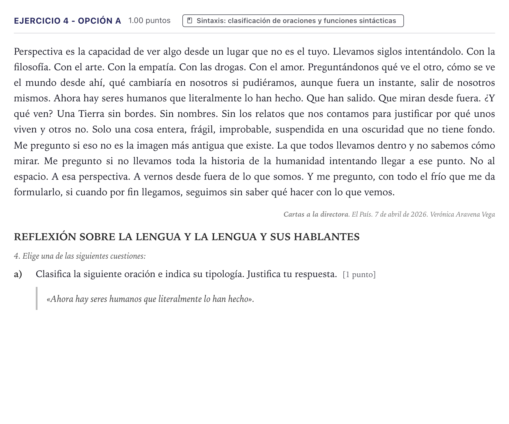Enunciado: Ejercicio 4 - Opción a · Lengua Castellana y Literatura II PAU Canarias Junio (Humanidades) 2026