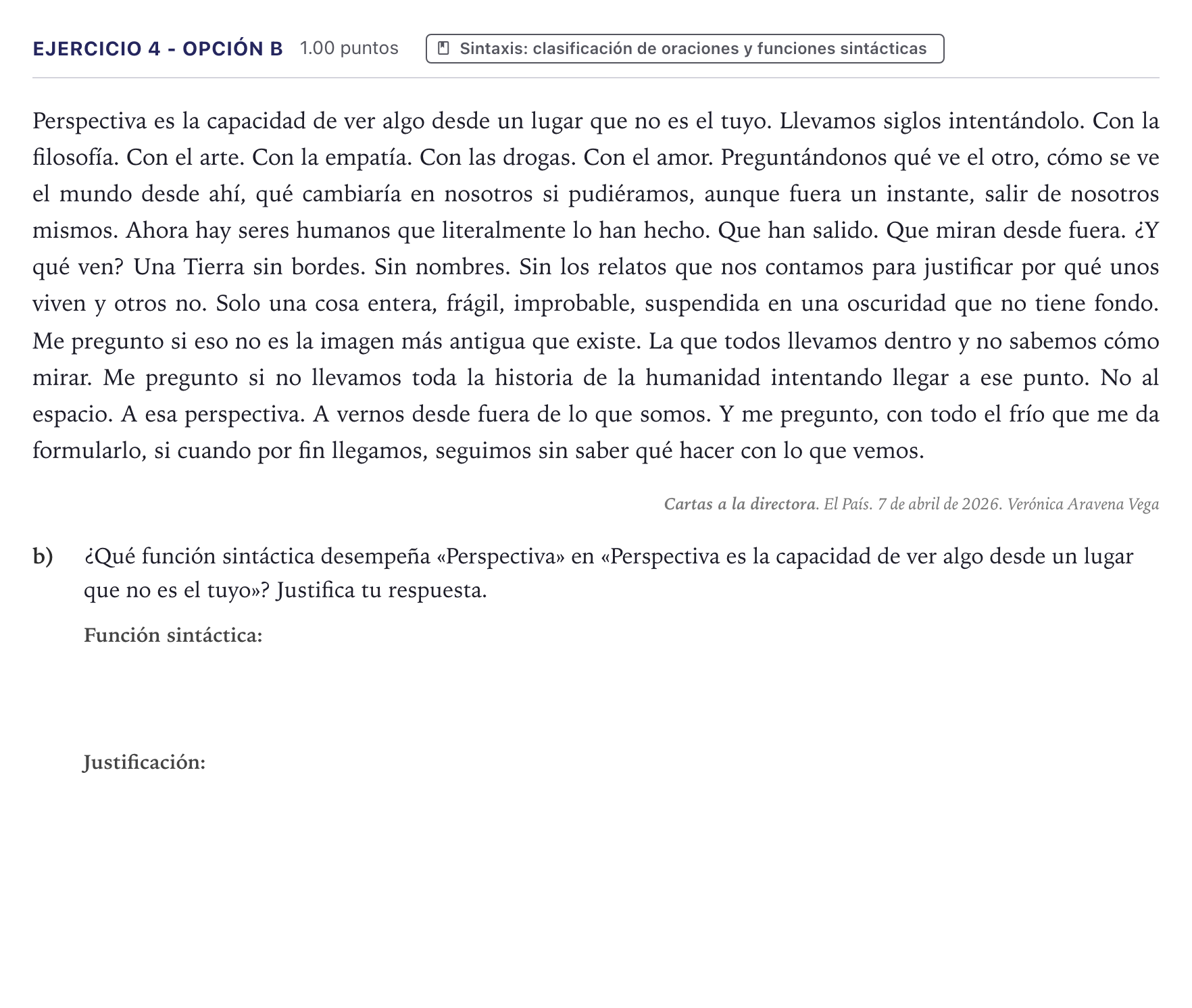 Enunciado: Ejercicio 4 - Opción b · Lengua Castellana y Literatura II PAU Canarias Junio (Humanidades) 2026