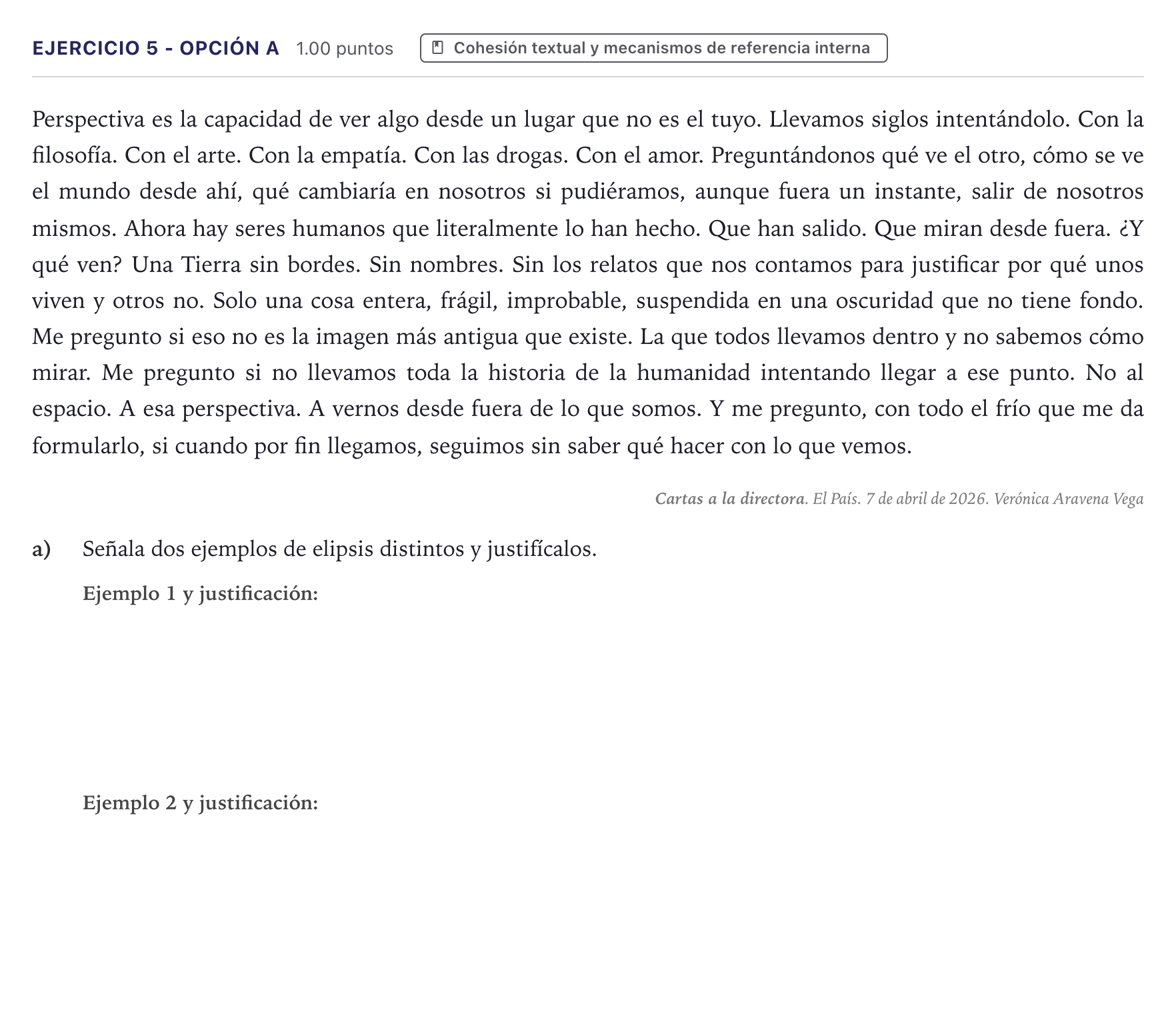 Enunciado: Ejercicio 5 - Opción a · Lengua Castellana y Literatura II PAU Canarias Junio (Humanidades) 2026
