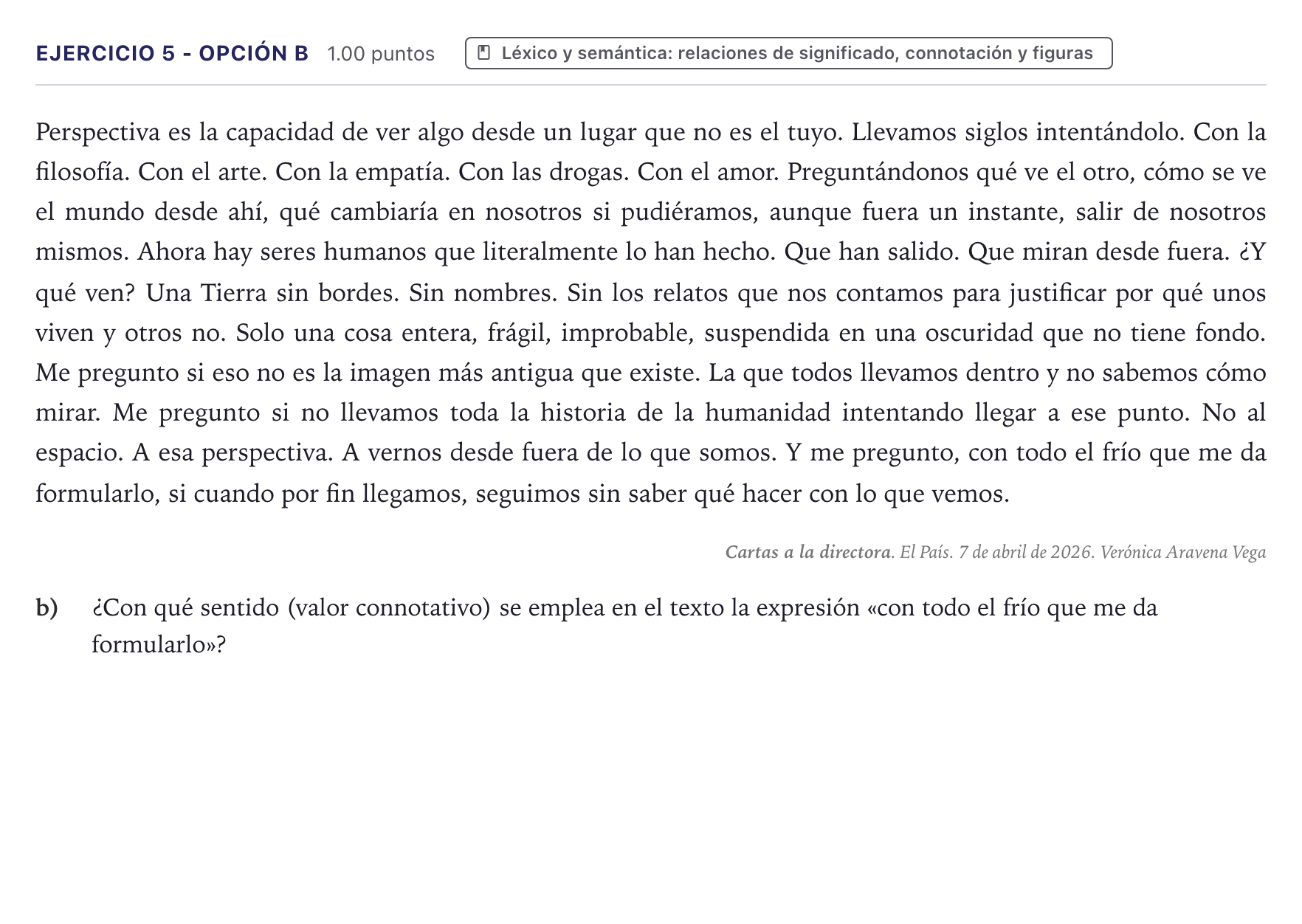 Enunciado: Ejercicio 5 - Opción b · Lengua Castellana y Literatura II PAU Canarias Junio (Humanidades) 2026