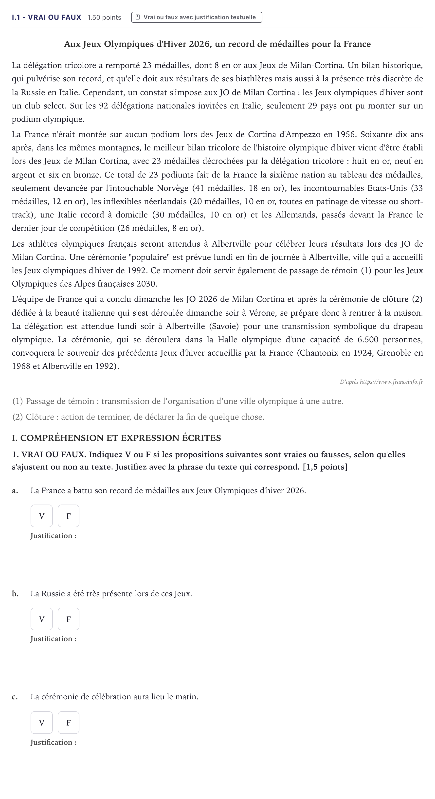 Enunciado: Ejercicio I.1 - Vrai ou Faux · Francés PAU Canarias Junio (Ciencias) 2026