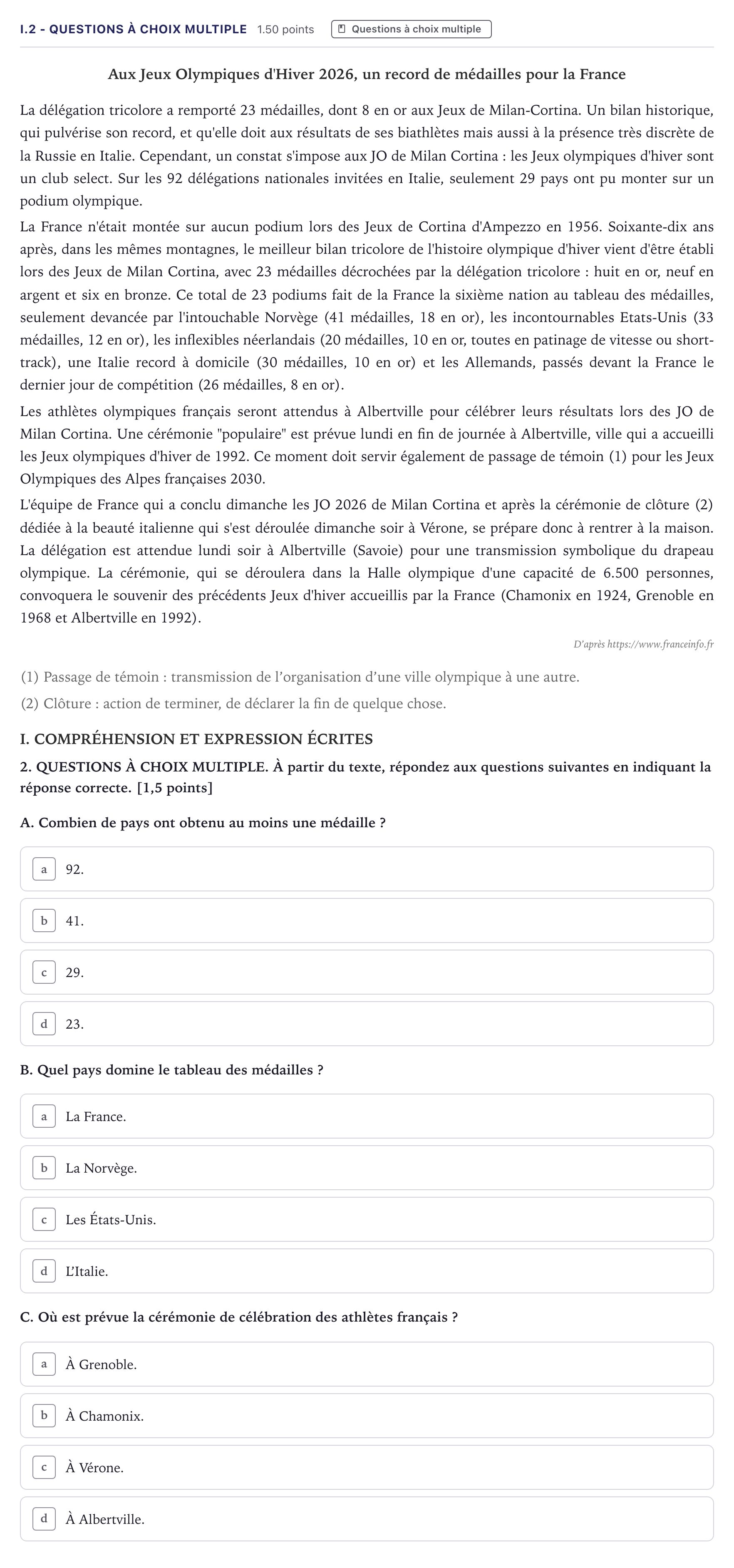 Enunciado: Ejercicio I.2 - Questions à choix multiple · Francés PAU Canarias Junio (Ciencias) 2026