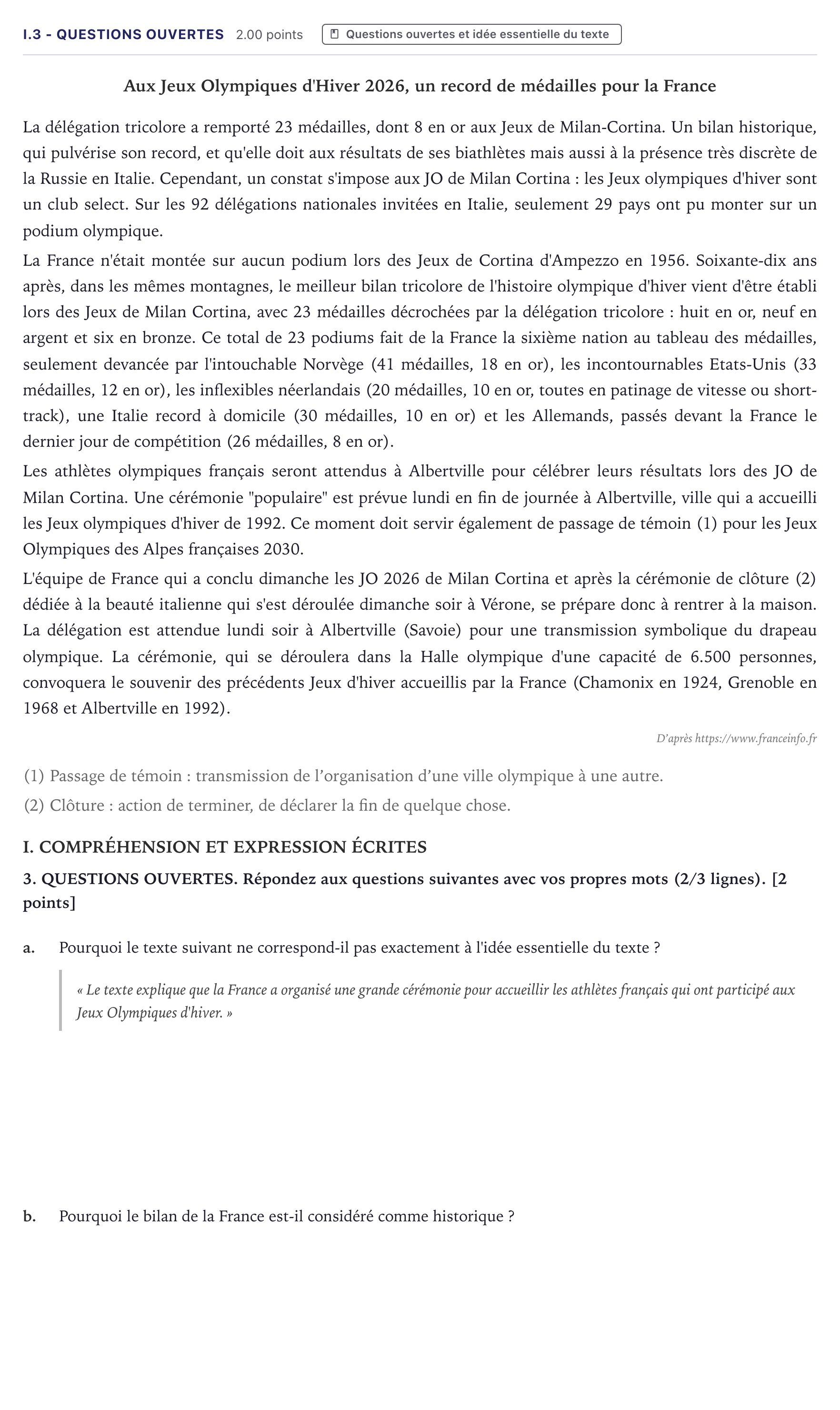 Enunciado: Ejercicio I.3 - Questions ouvertes · Francés PAU Canarias Junio (Ciencias) 2026