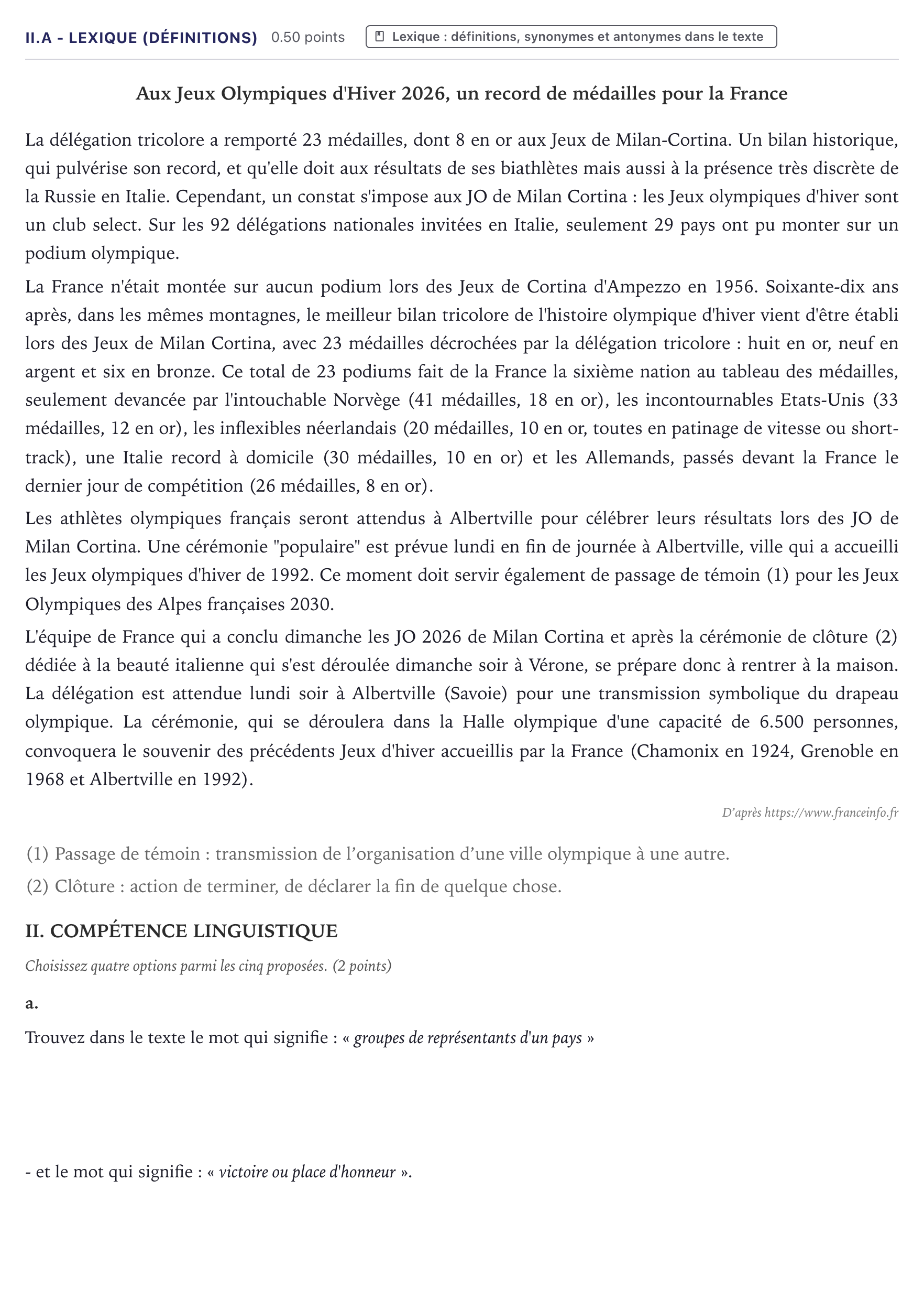 Enunciado: Ejercicio II.a - Lexique (définitions) · Francés PAU Canarias Junio (Ciencias) 2026