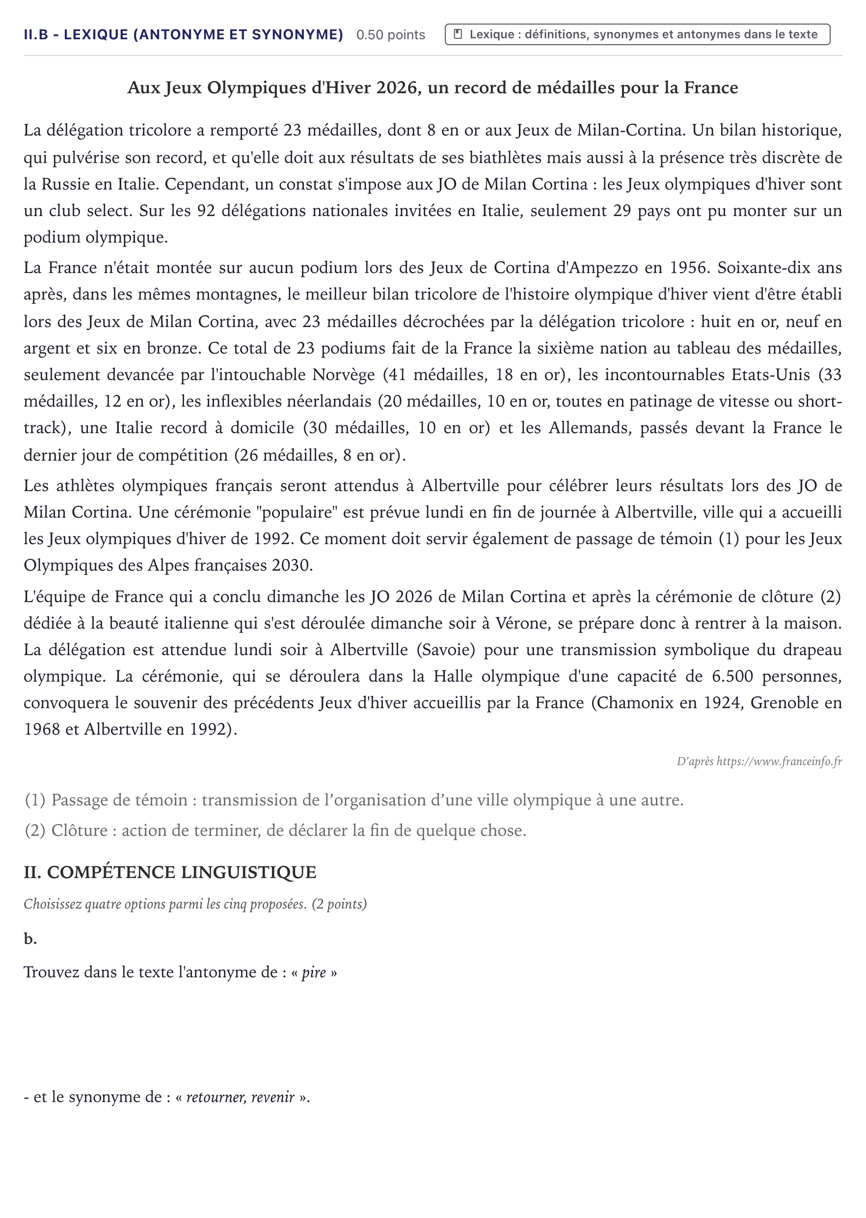 Enunciado: Ejercicio II.b - Lexique (antonyme et synonyme) · Francés PAU Canarias Junio (Ciencias) 2026