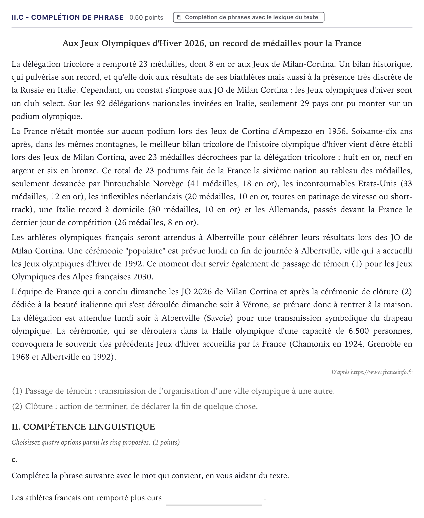 Enunciado: Ejercicio II.c - Complétion de phrase · Francés PAU Canarias Junio (Ciencias) 2026