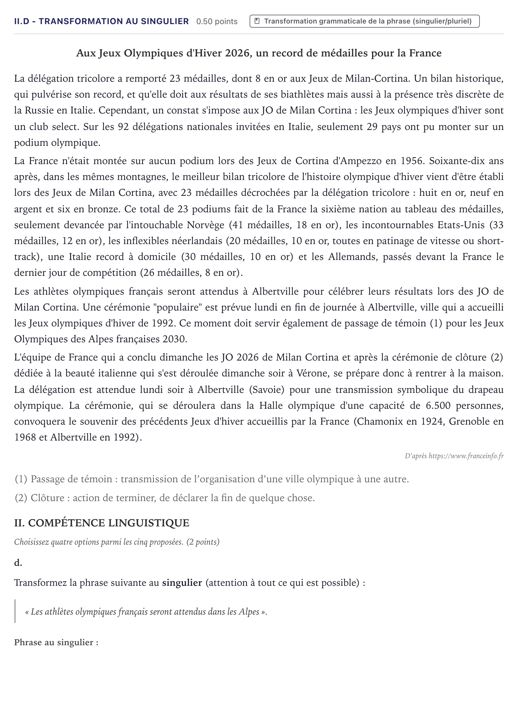 Enunciado: Ejercicio II.d - Transformation au singulier · Francés PAU Canarias Junio (Ciencias) 2026