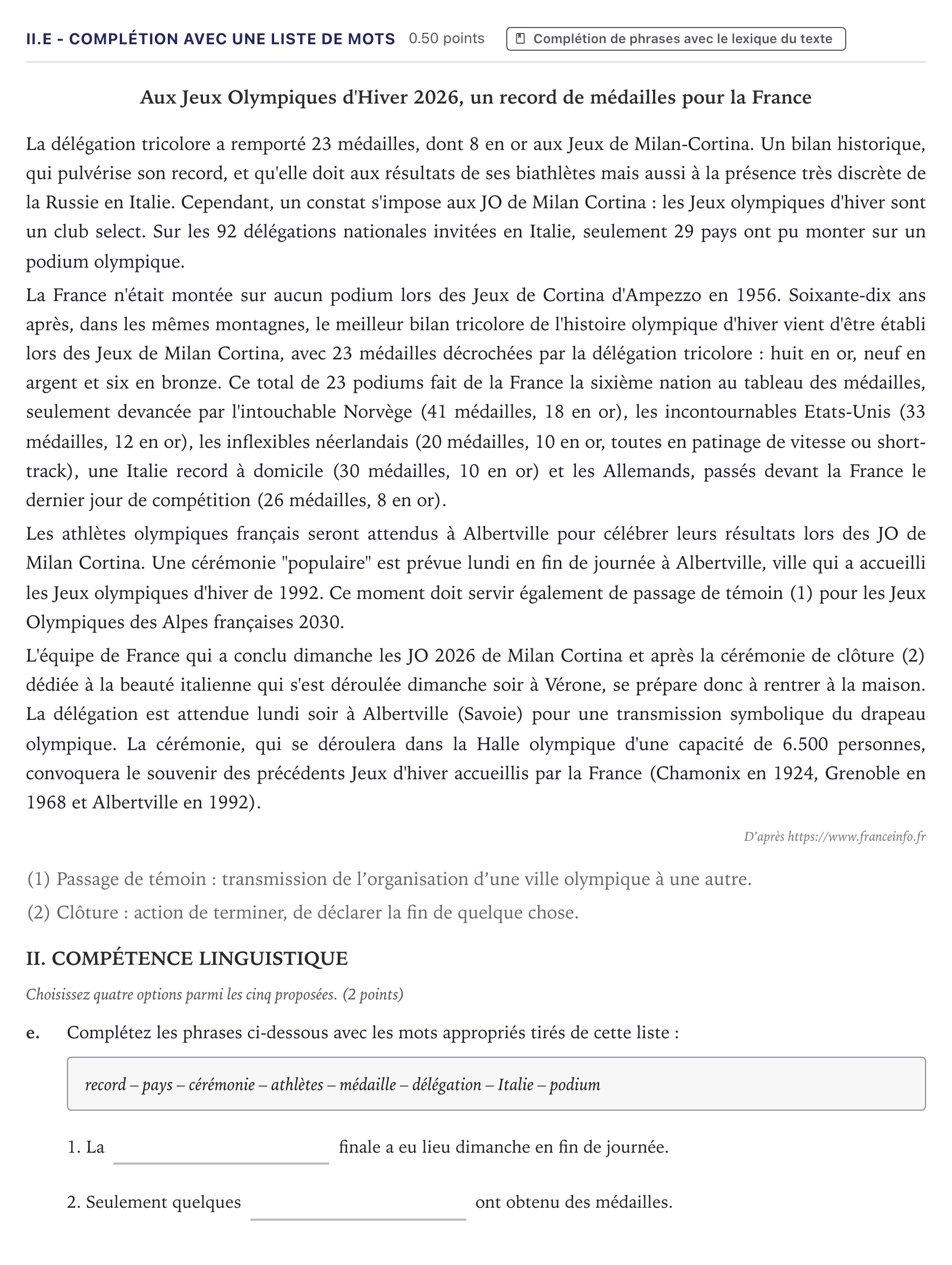 Enunciado: Ejercicio II.e - Complétion avec une liste de mots · Francés PAU Canarias Junio (Ciencias) 2026