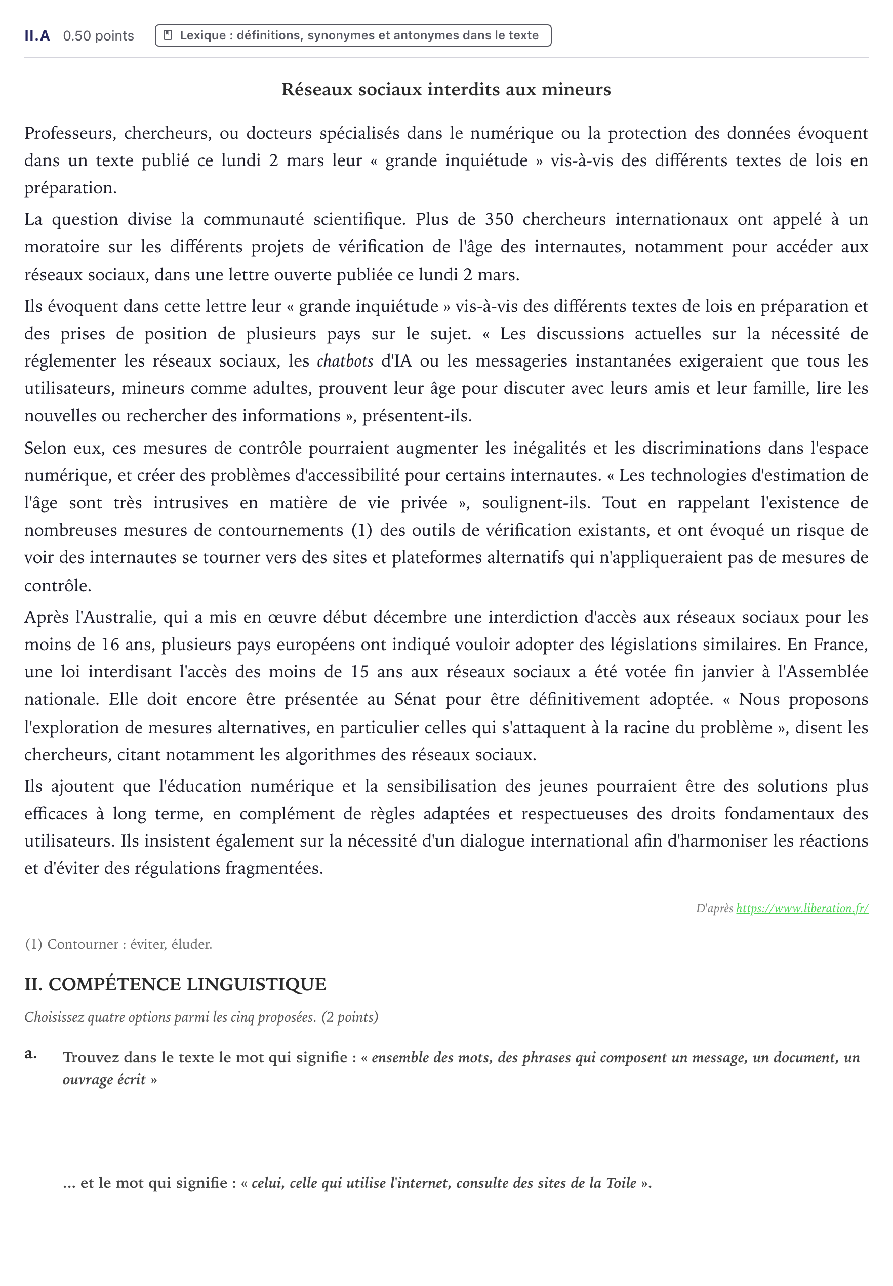 Enunciado: Ejercicio II.a · Francés PAU Canarias Junio (Humanidades) 2026