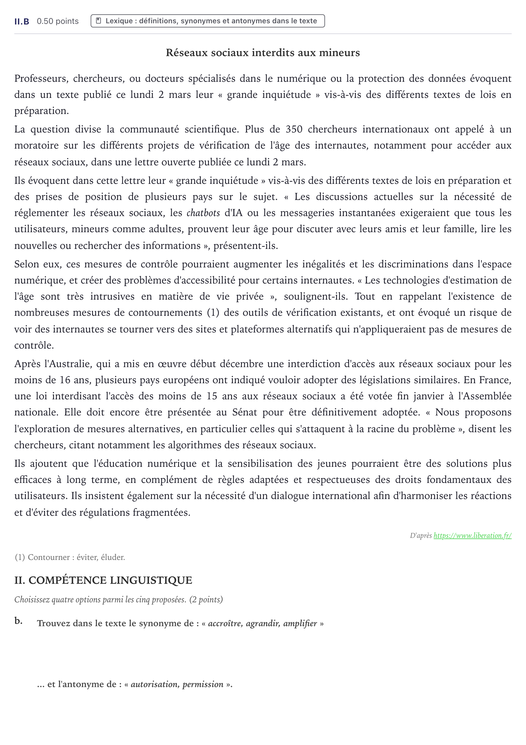 Enunciado: Ejercicio II.b · Francés PAU Canarias Junio (Humanidades) 2026