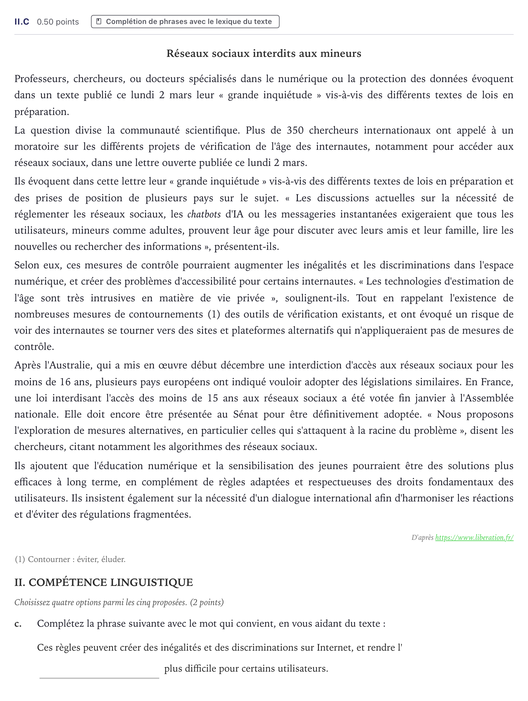 Enunciado: Ejercicio II.c · Francés PAU Canarias Junio (Humanidades) 2026