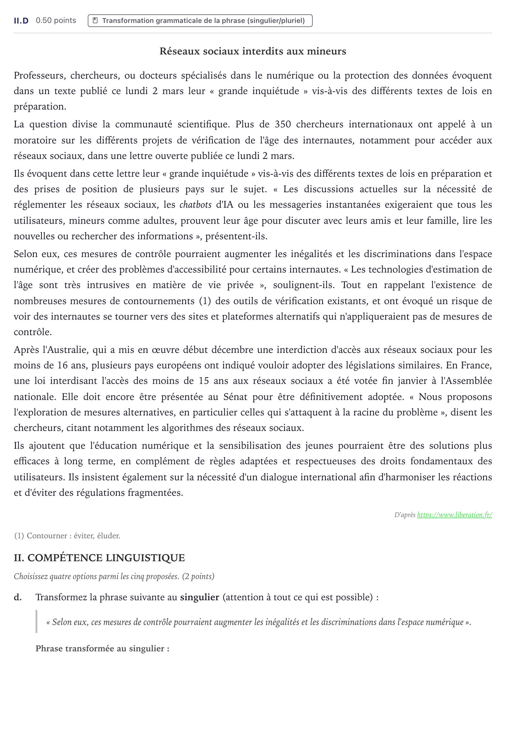 Enunciado: Ejercicio II.d · Francés PAU Canarias Junio (Humanidades) 2026
