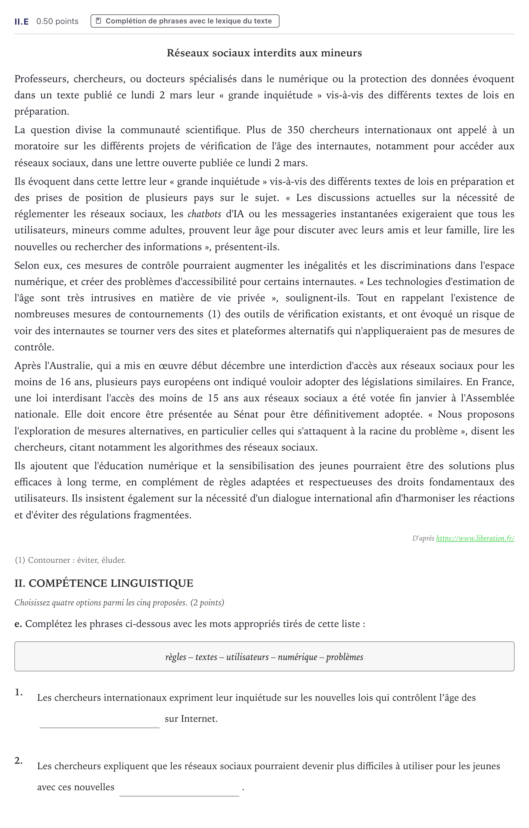 Enunciado: Ejercicio II.e · Francés PAU Canarias Junio (Humanidades) 2026