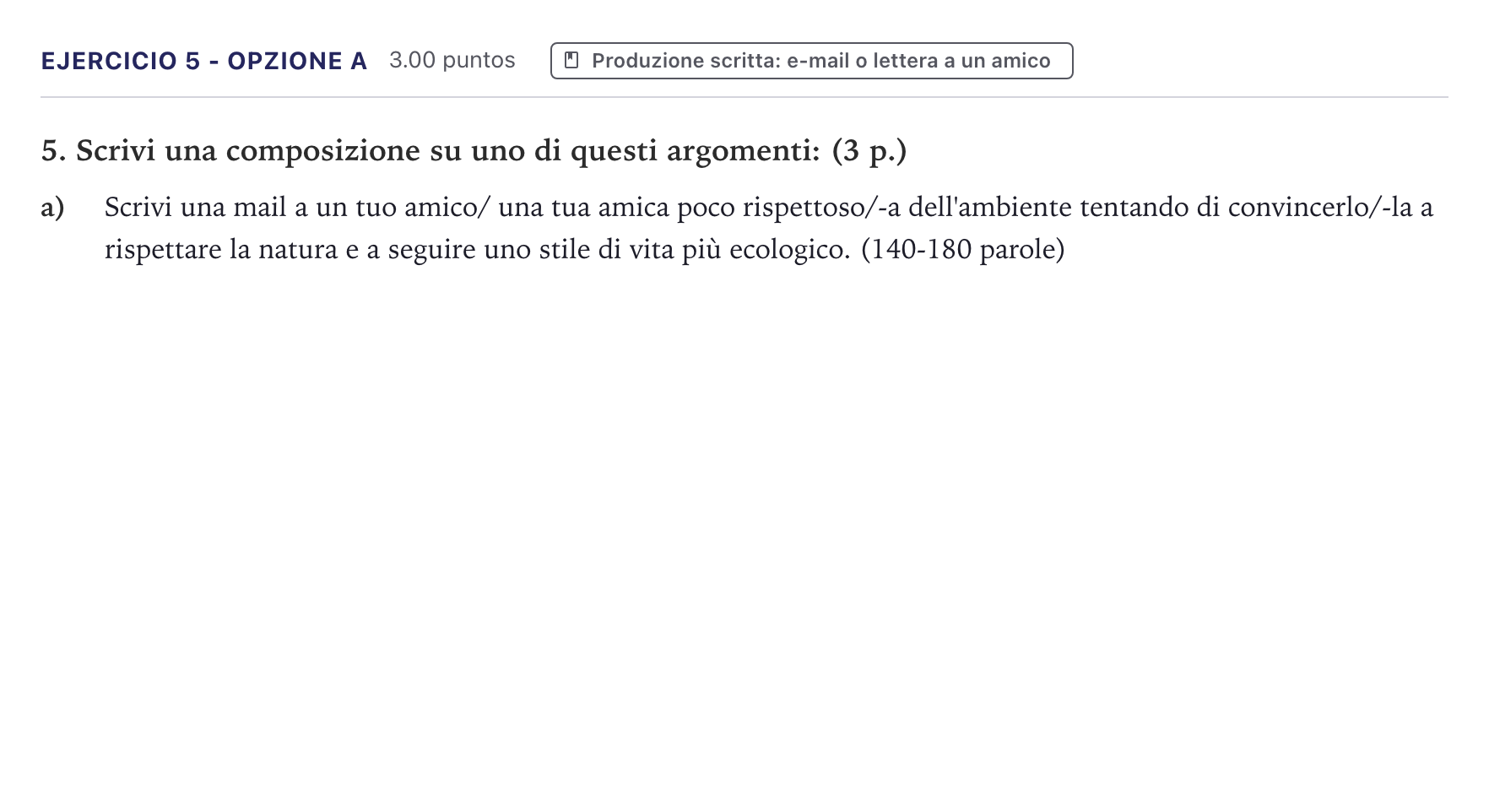 Enunciado: Ejercicio 5 - Opzione a · Italiano PAU Canarias Junio (Ciencias) 2026