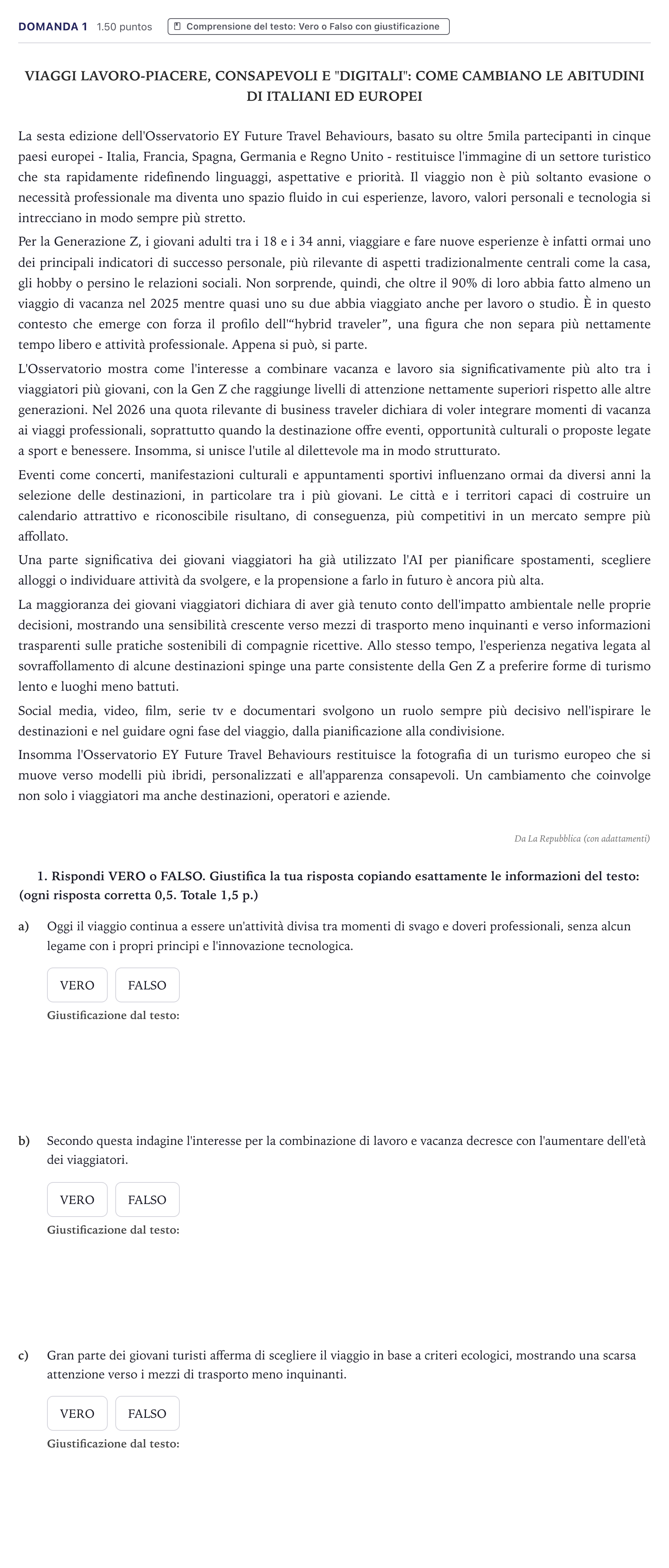 Enunciado: Ejercicio Domanda 1 · Italiano PAU Canarias Junio (Humanidades) 2026