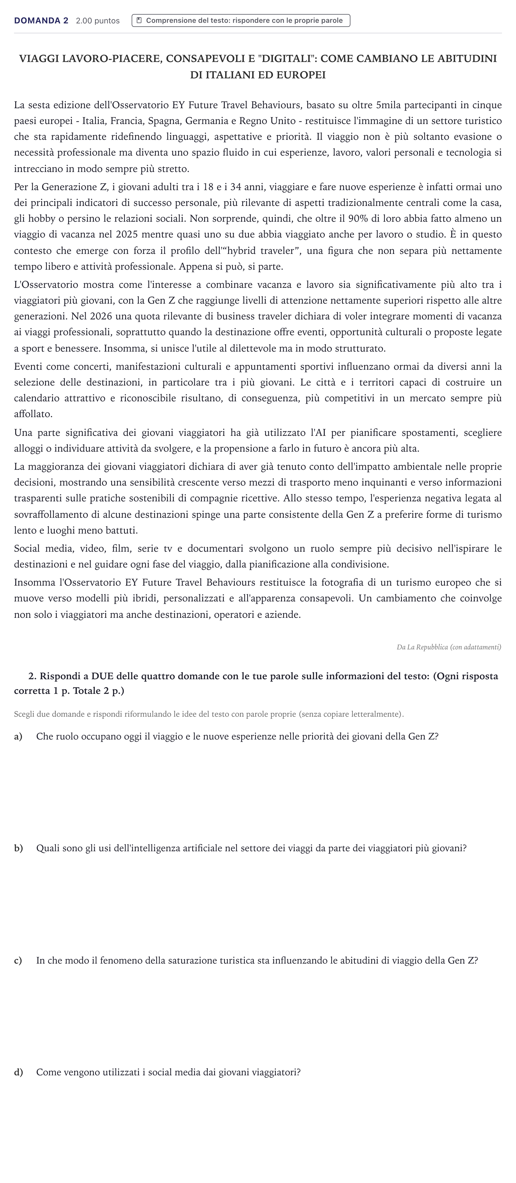Enunciado: Ejercicio Domanda 2 · Italiano PAU Canarias Junio (Humanidades) 2026