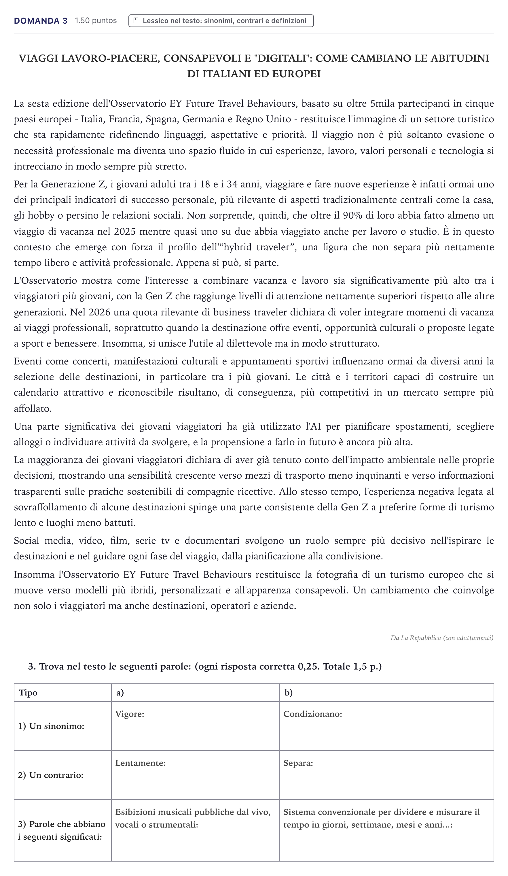 Enunciado: Ejercicio Domanda 3 · Italiano PAU Canarias Junio (Humanidades) 2026