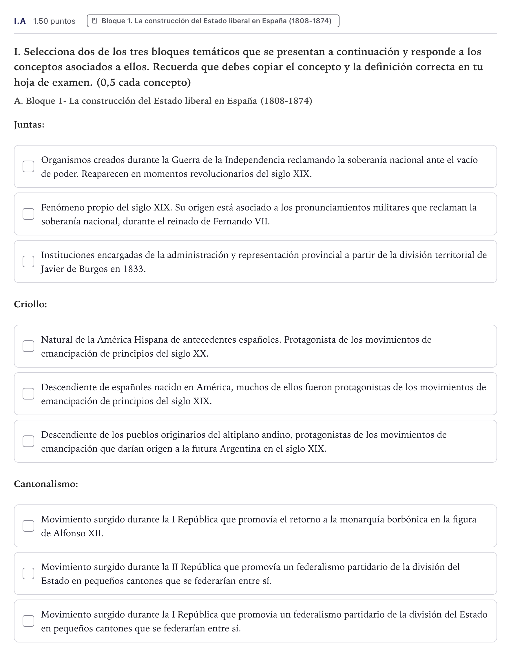 Enunciado: Ejercicio I.A · Historia de España PAU Canarias Junio (Ciencias) 2026