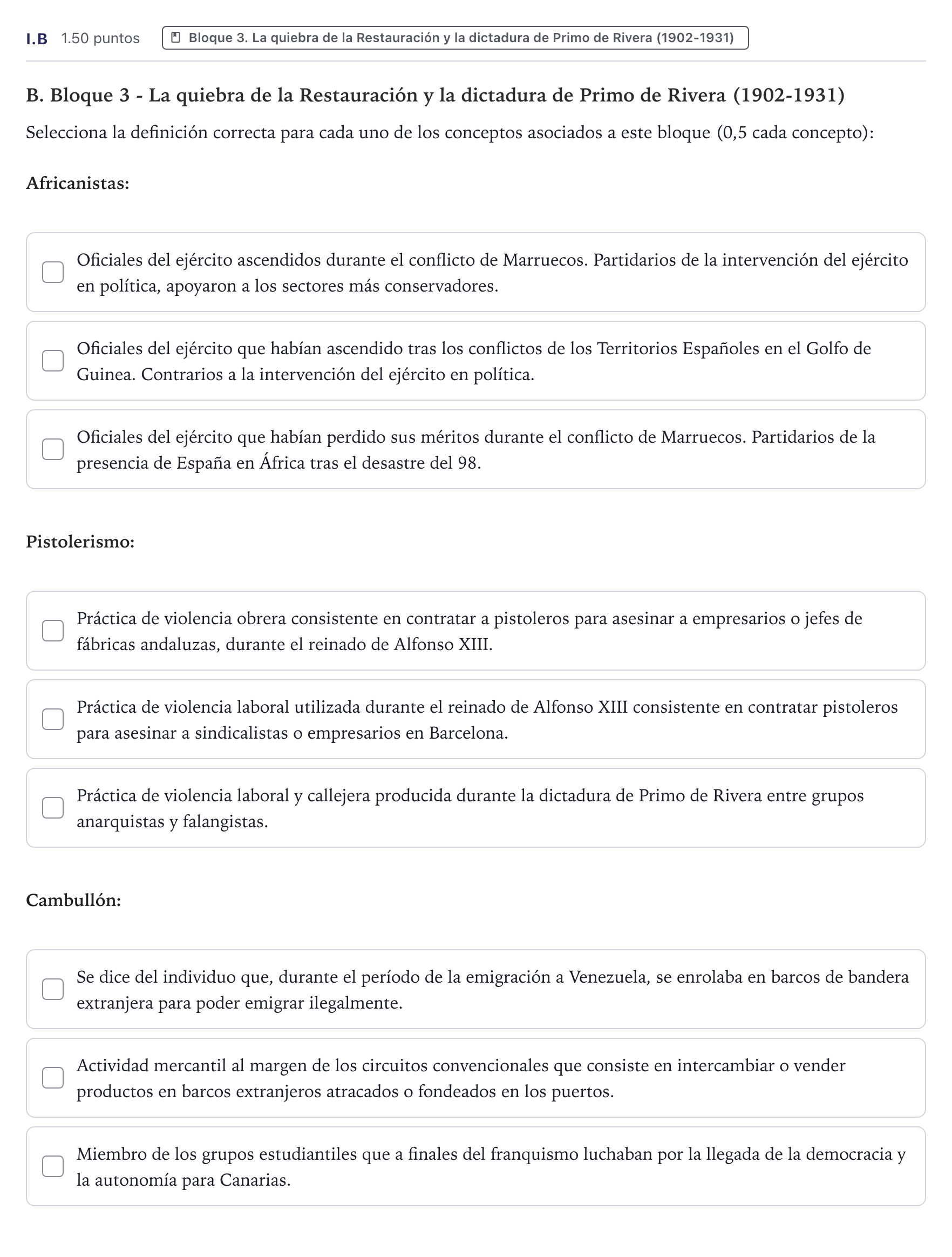 Enunciado: Ejercicio I.B · Historia de España PAU Canarias Junio (Ciencias) 2026