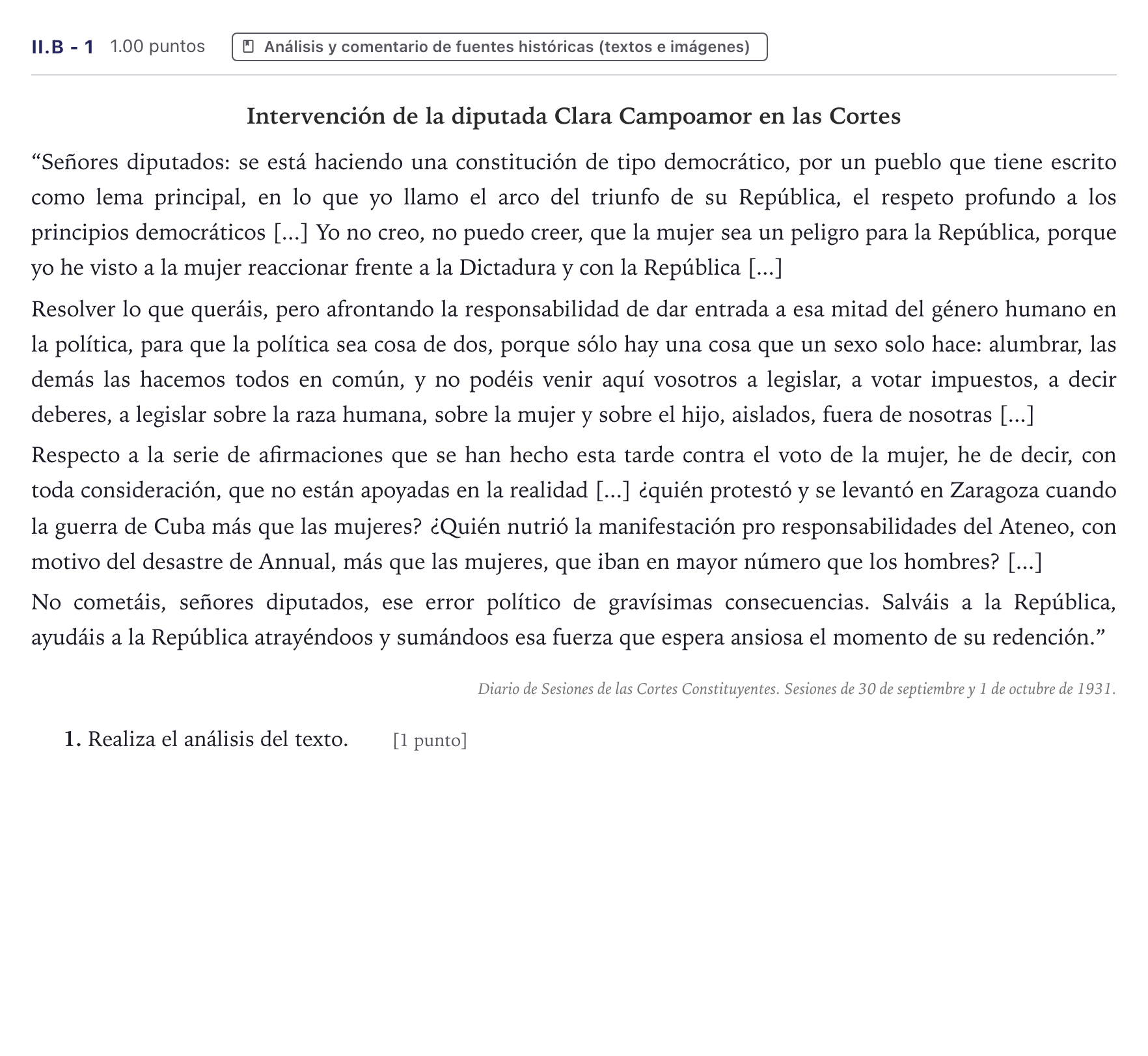 Enunciado: Ejercicio II.B - 1 · Historia de España PAU Canarias Junio (Ciencias) 2026