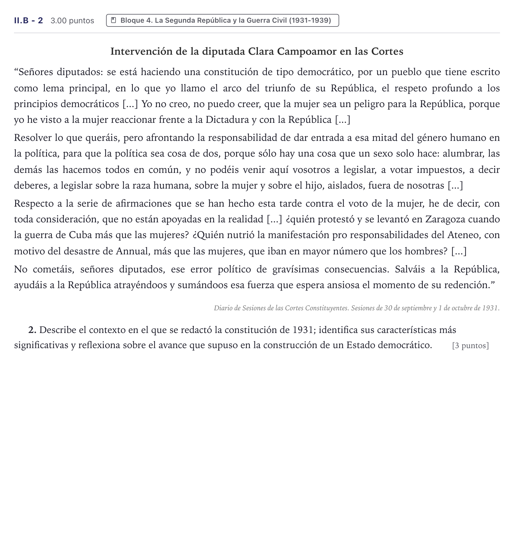 Enunciado: Ejercicio II.B - 2 · Historia de España PAU Canarias Junio (Ciencias) 2026