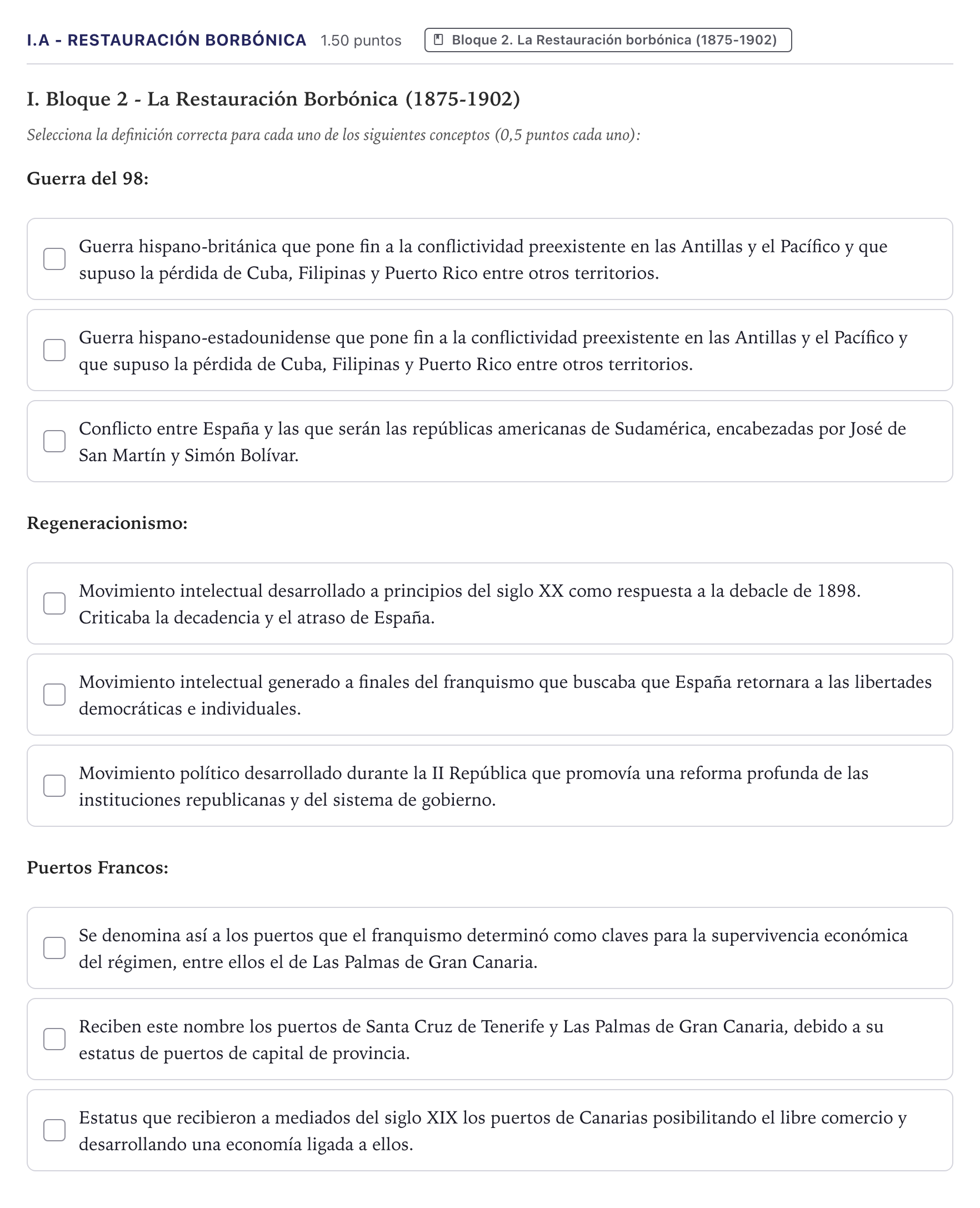 Enunciado: Ejercicio I.A - Restauración Borbónica · Historia de España PAU Canarias Junio (Humanidades) 2026