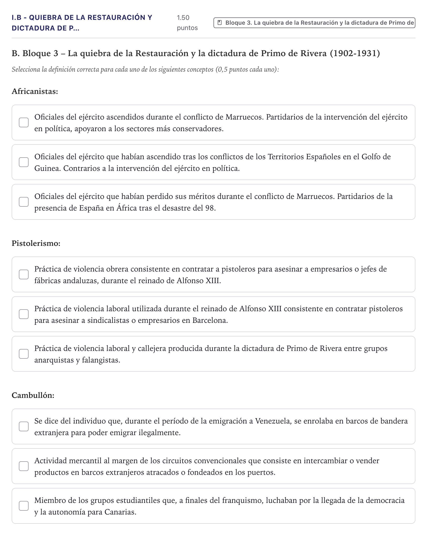 Enunciado: Ejercicio I.B - Quiebra de la Restauración y dictadura de P… · Historia de España PAU Canarias Junio (Humanidades) 2026