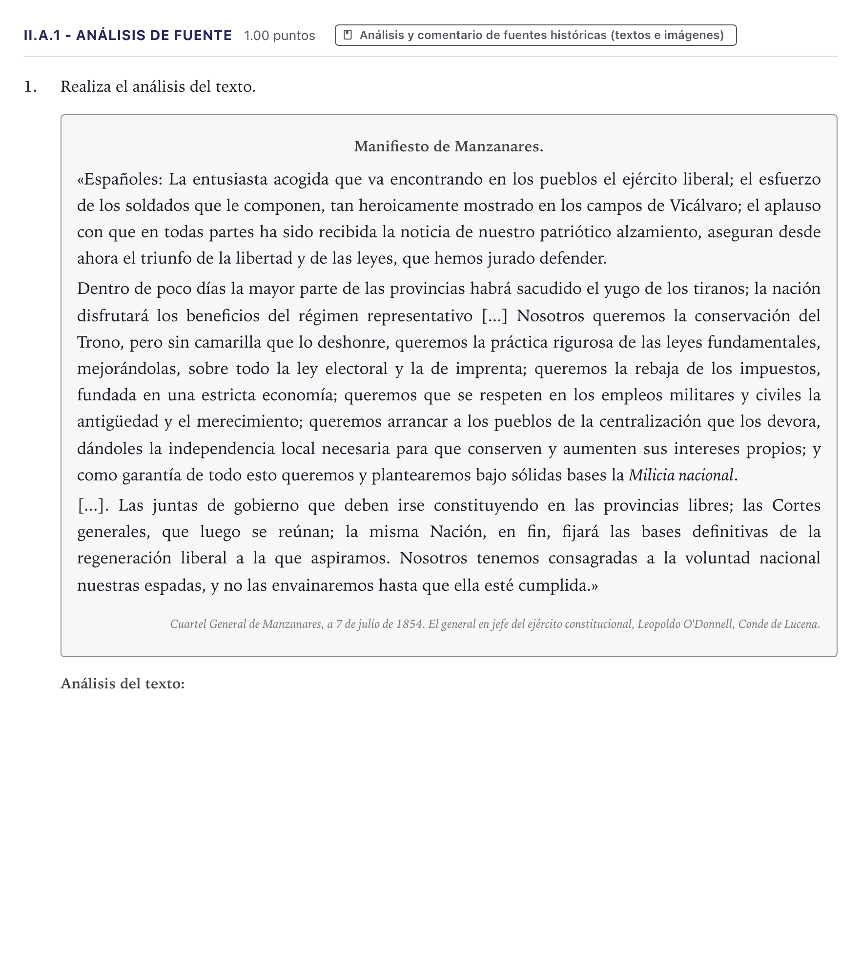 Enunciado: Ejercicio II.A.1 - Análisis de fuente · Historia de España PAU Canarias Junio (Humanidades) 2026