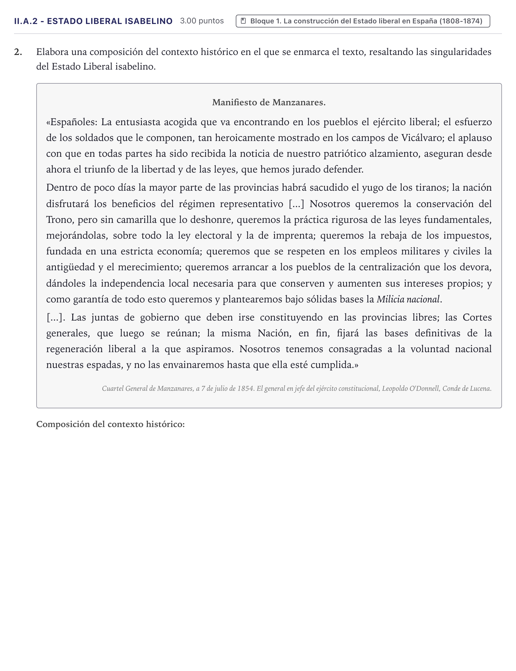 Enunciado: Ejercicio II.A.2 - Estado liberal isabelino · Historia de España PAU Canarias Junio (Humanidades) 2026